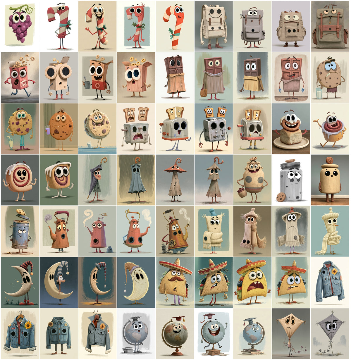 640 Cute Mascot Character Images – Whimsical Object Mascots with Big Eyes, High-Res JPG, Commercial License
