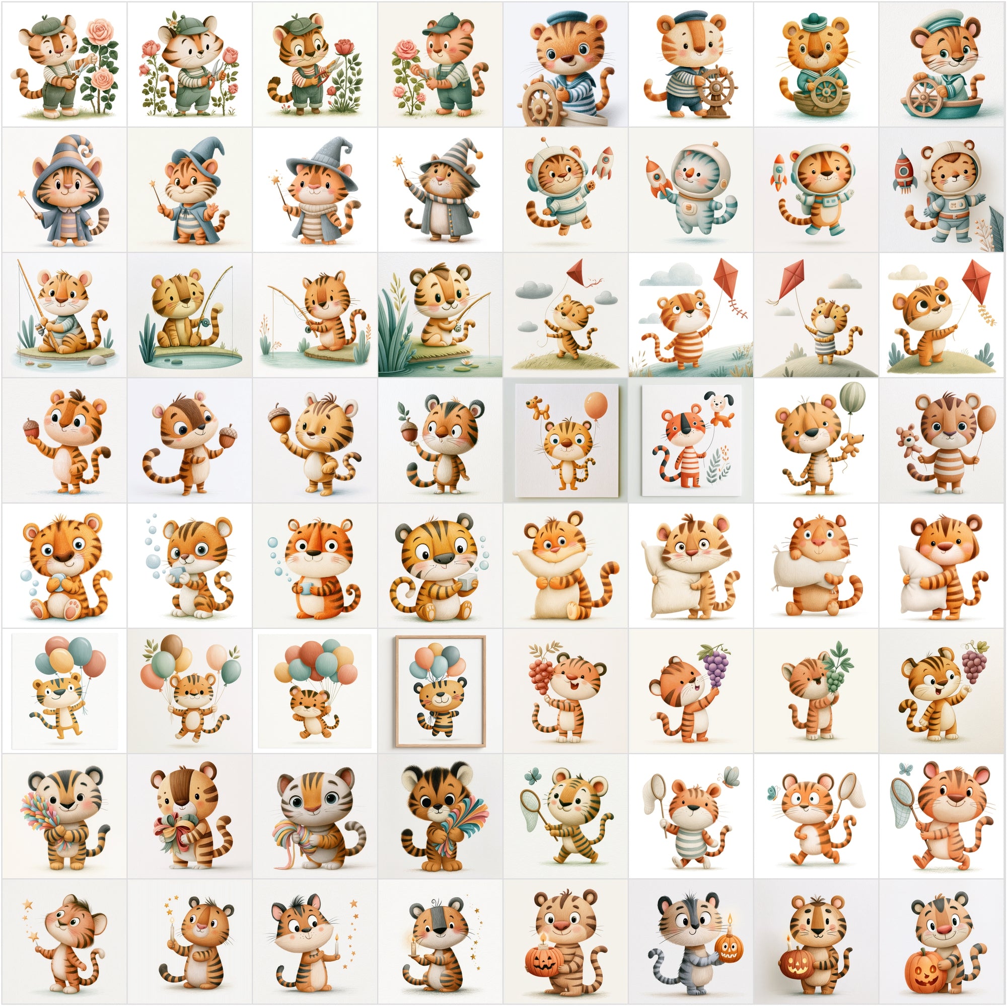 630 Cute Tiger Clipart Bundle | Whimsical Children's Book Illustrations