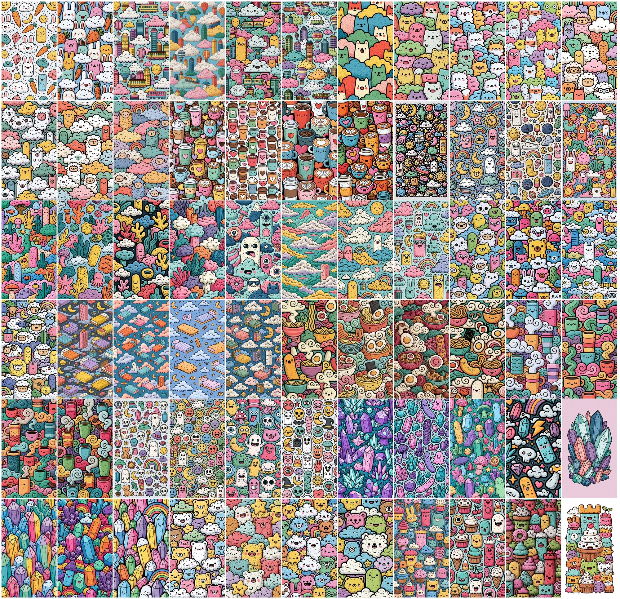 640 Doodle Art Clipart Bundle | Colorful Rainbow Dreamland Doodles, Kawaii Cloud & Candy Illustrations