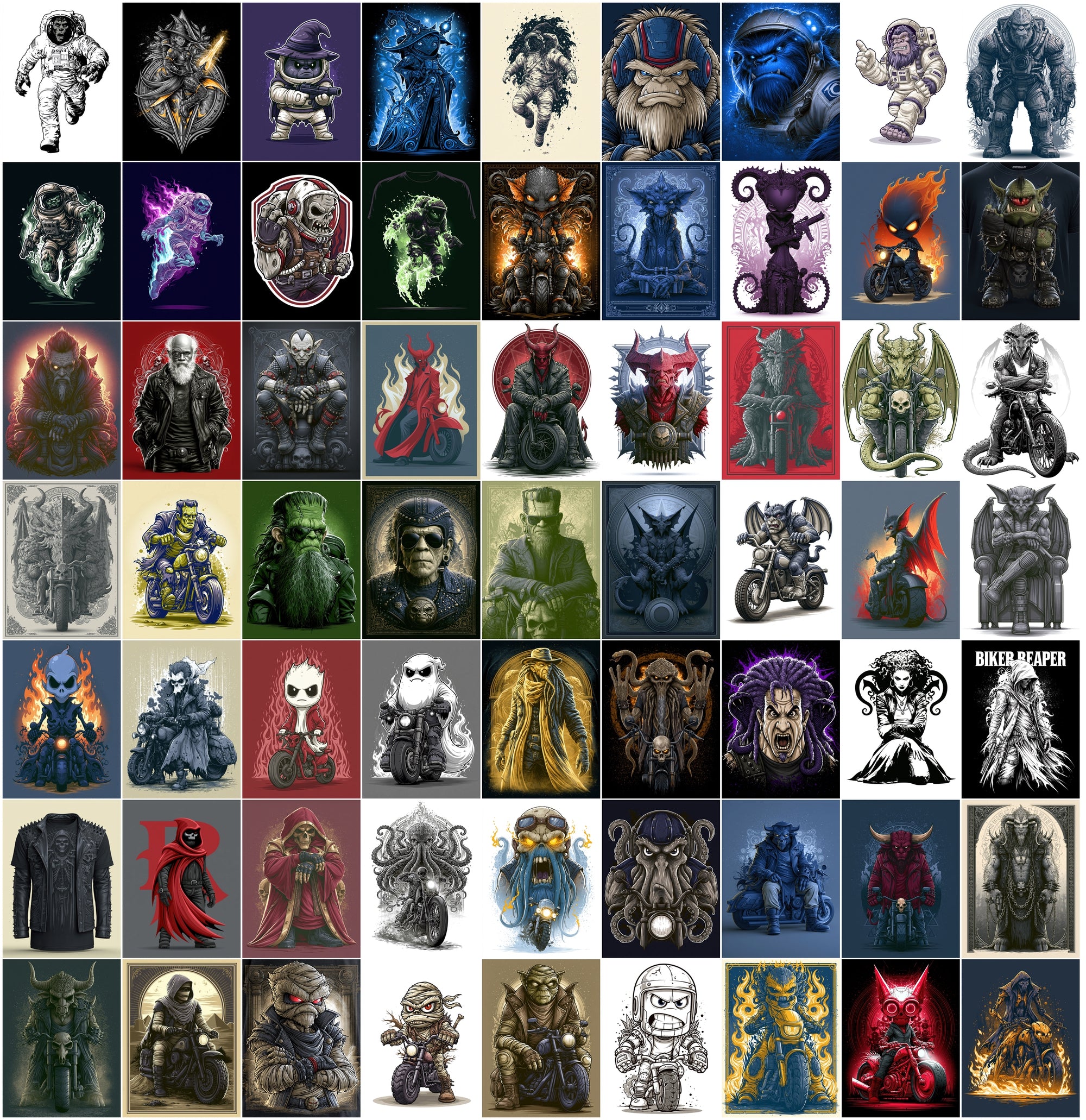 610 Monster Mashup T-Shirt Designs Bundle | Bold Graphic Character Illustrations