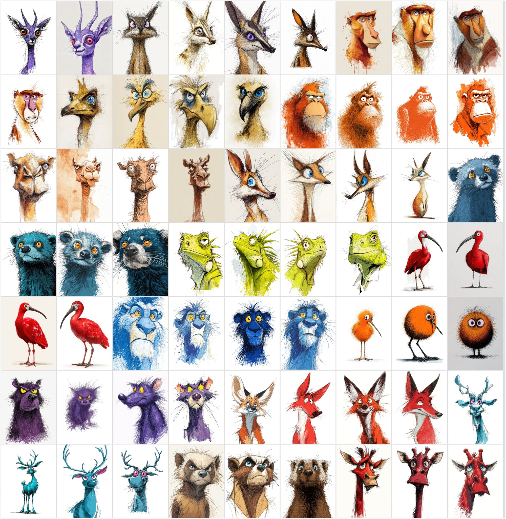 600 Quirky Animal Portrait Clipart Bundle | Expressive Cartoon Characters