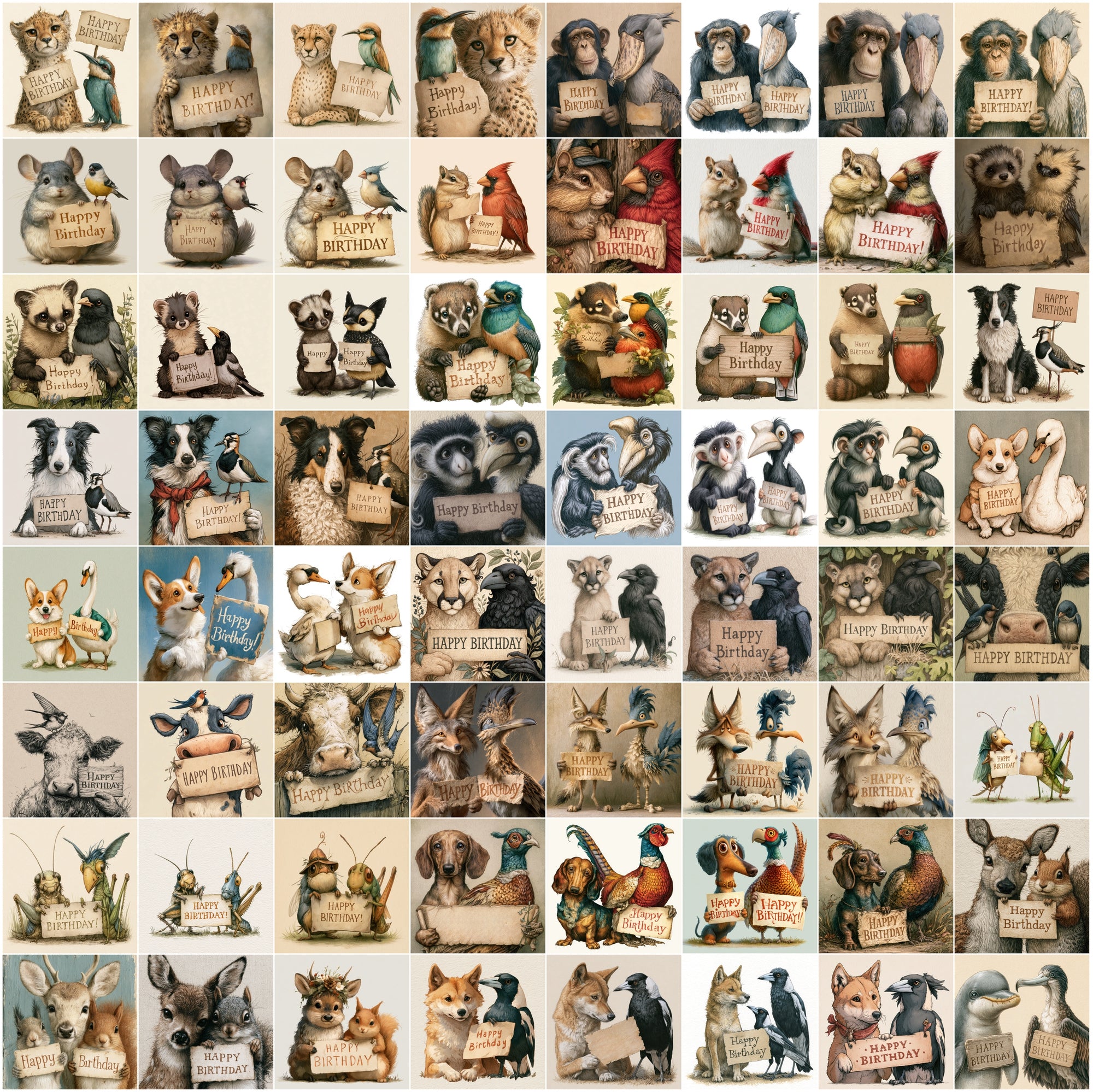 625 Birthday Animals Clipart Bundle | Fairy Tale Animal Birthday Card PNG JPG Set