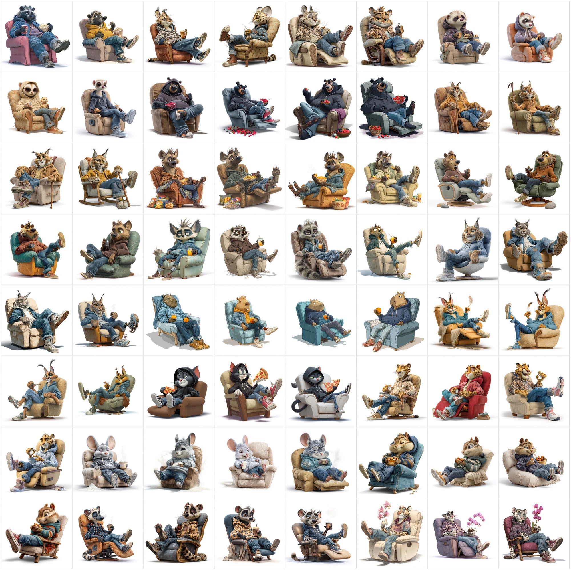 610 Cute Animals Relaxing on Recliners Clipart Bundle