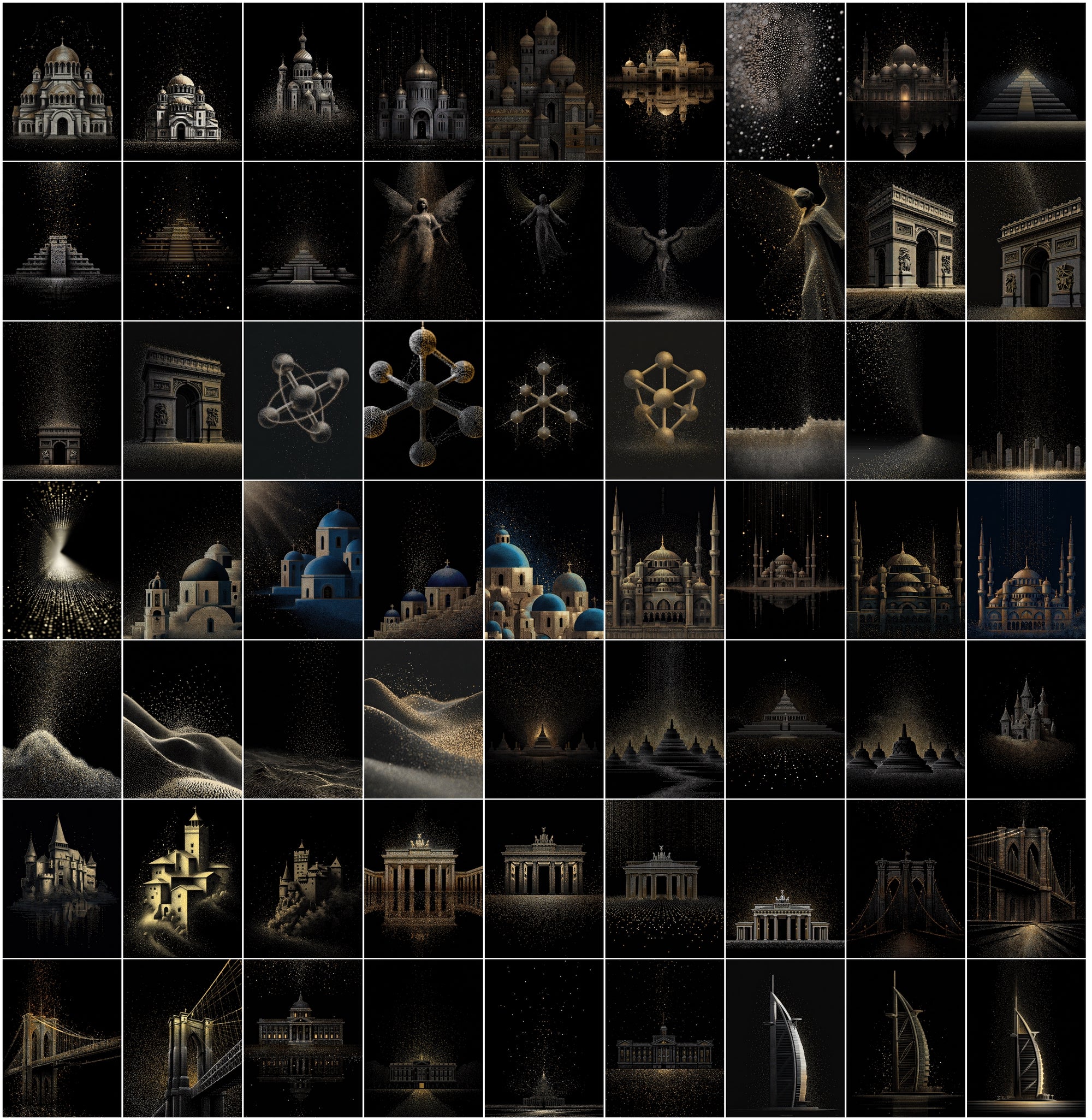 630 Minimalist Landmark Dots Bundle | Gold & Silver Glitter on Black