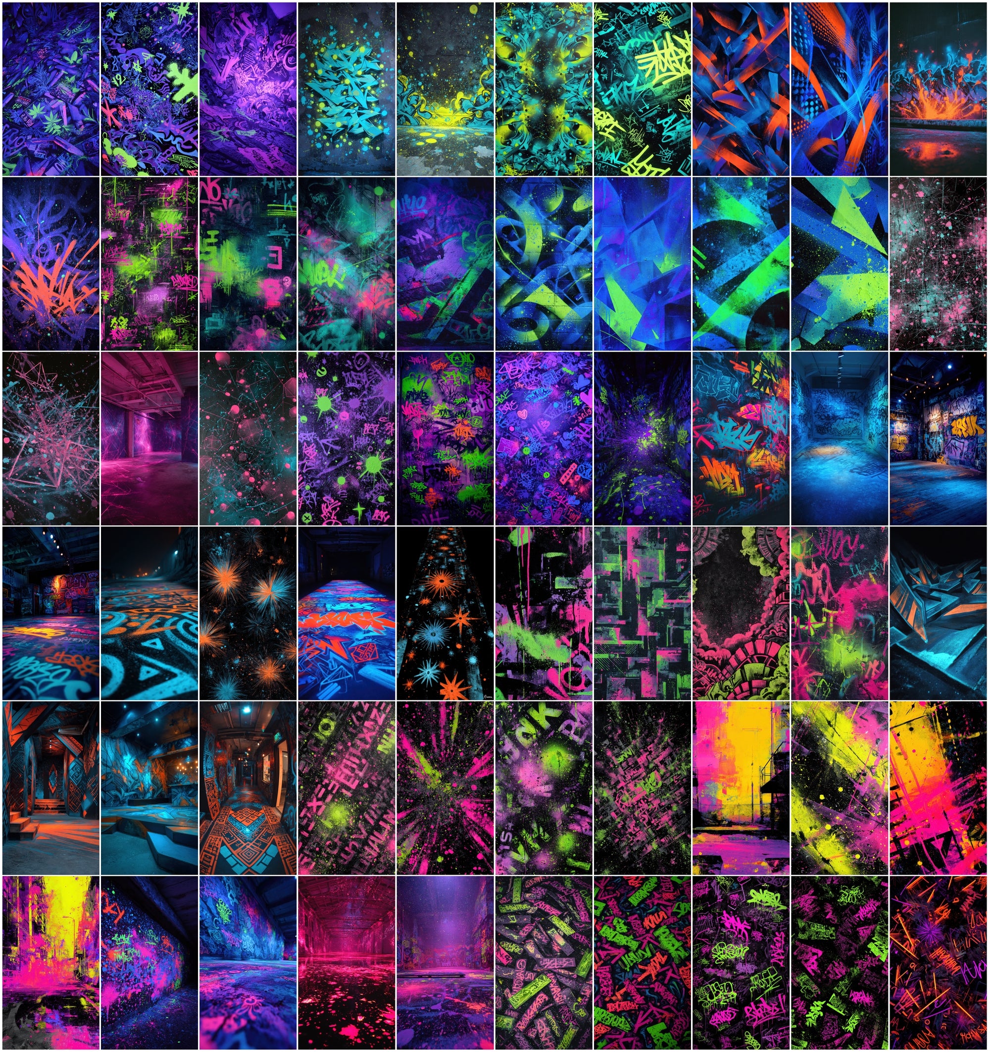 635 Neon Graffiti Wall Backgrounds - Blacklight UV Fluorescent Street Art