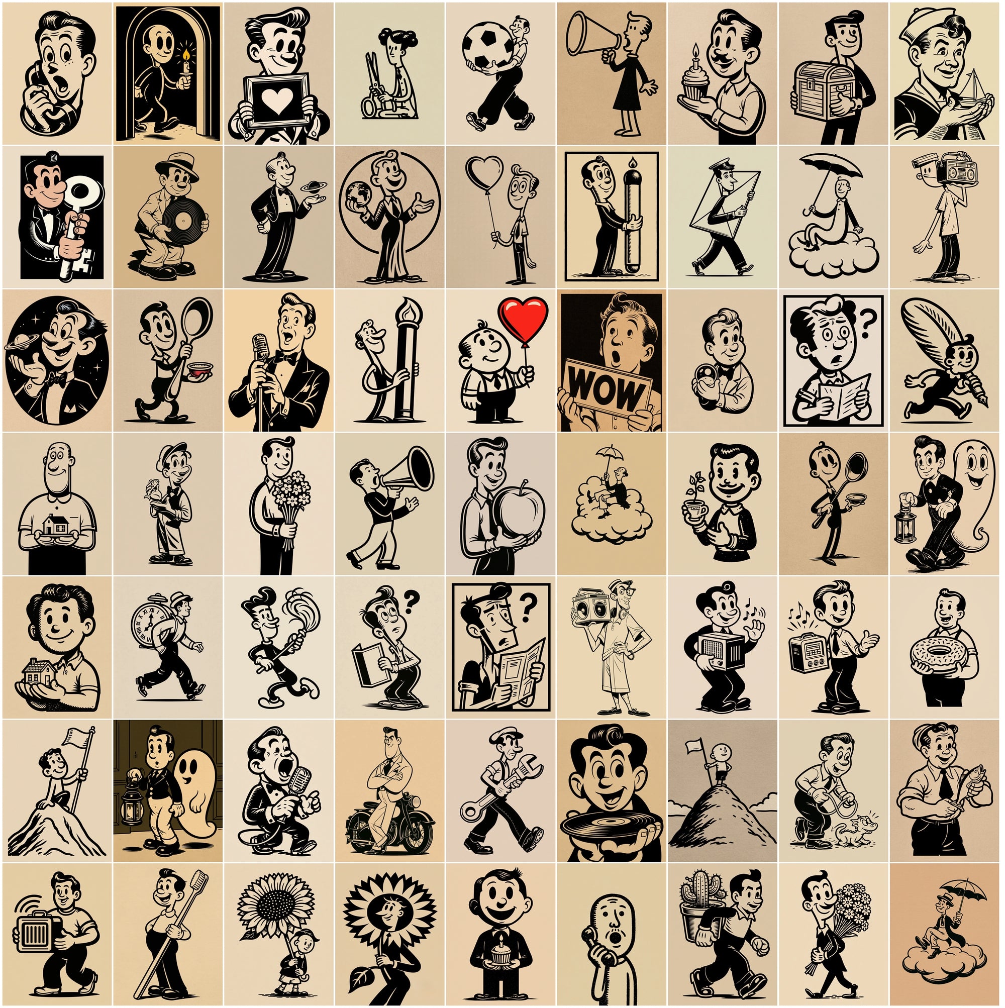 600 Retro Cartoon Illustrations Bundle, Vintage T-Shirt Graphics, JPG Clipart with Commercial License