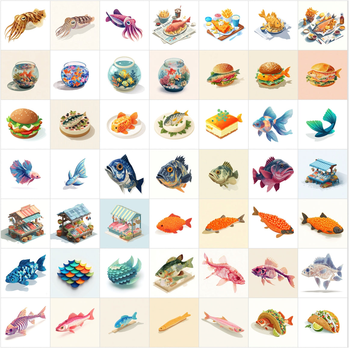 400 Flat Isometric Seafood & Sushi Illustrations