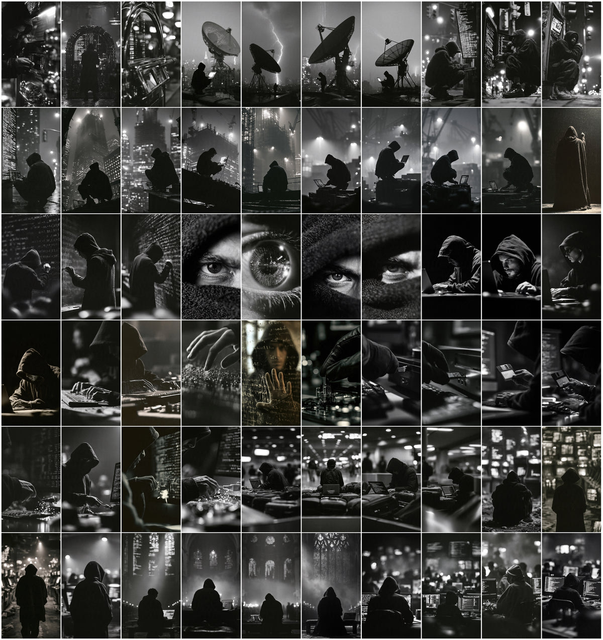 635 Hacker Images Bundle – Black & White Cyberpunk Photography, Binary Code & Hooded Hacker Wallpapers, 9:16 JPG, Commercial License
