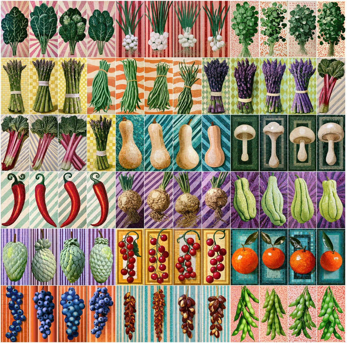 636 Mosaic Fruit & Vegetable Clipart Bundle | Mosaic Art Wall Prints, Kitchen Decor JPG