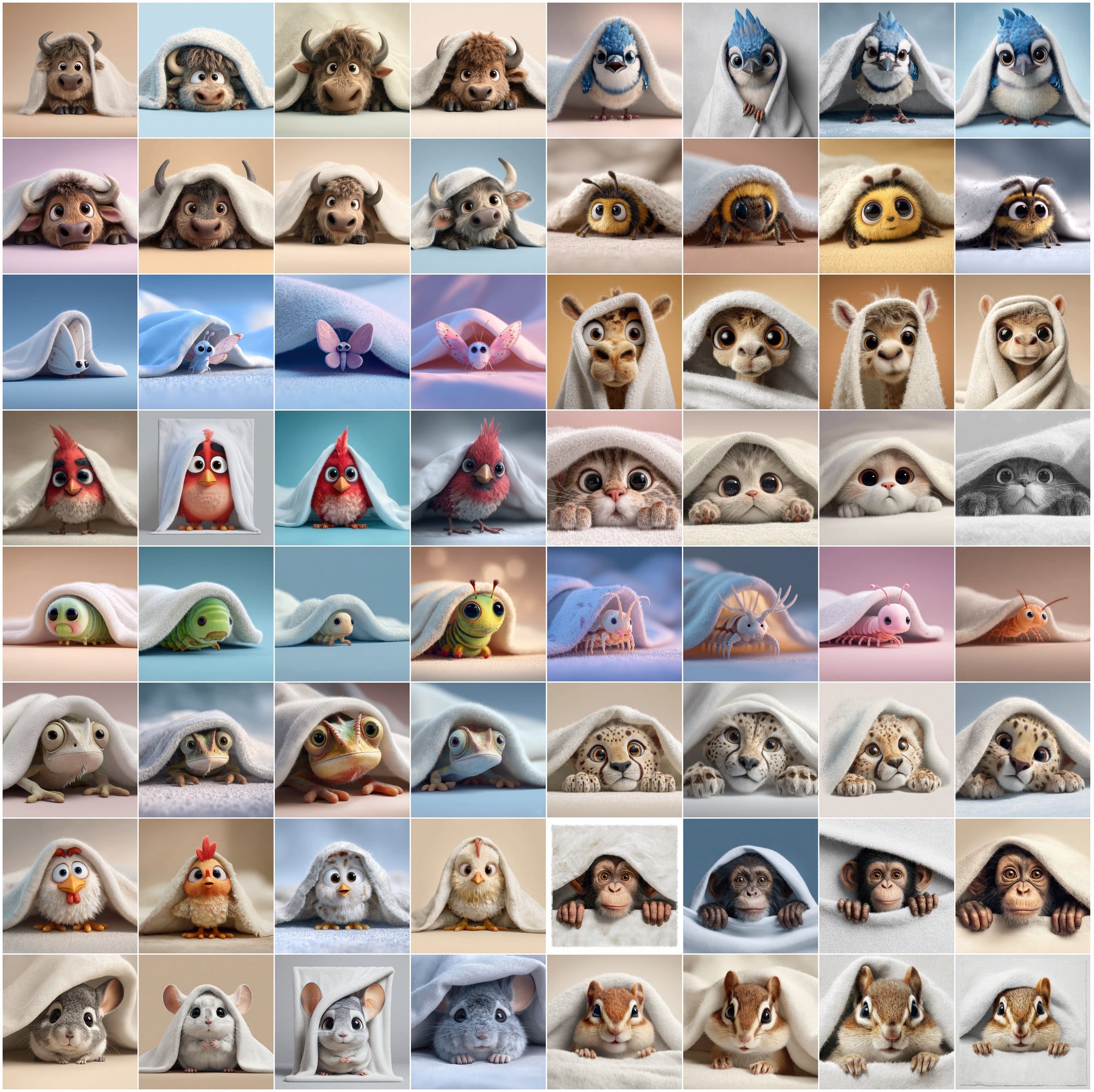 639 Cute Animals Hiding Under Blankets | Adorable 3D Pet Clipart Bundle