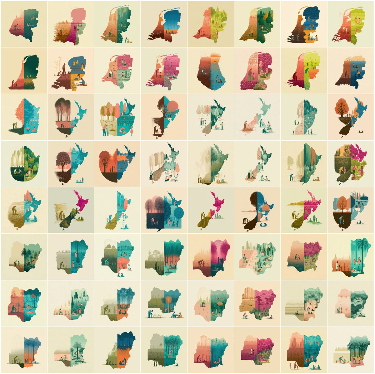 1270 Country Map Silhouette Posters - World Map Wall Art Bundle, Heritage & Harvest Split Designs