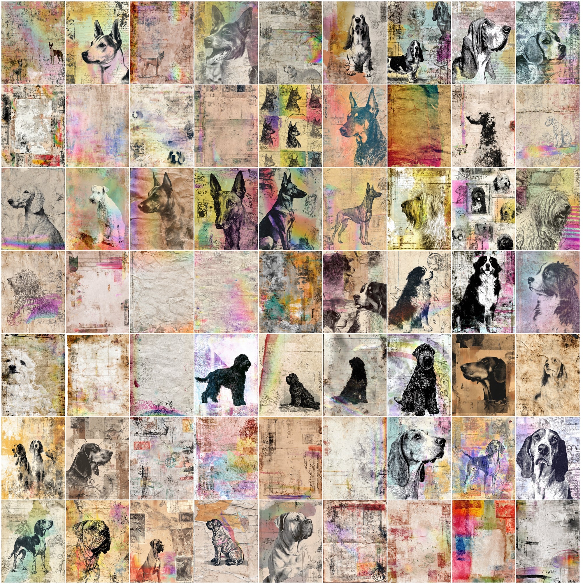 650 Dog Junk Journal Pages, Vintage Breed Ephemera, Messy Collage Scrapbook Paper