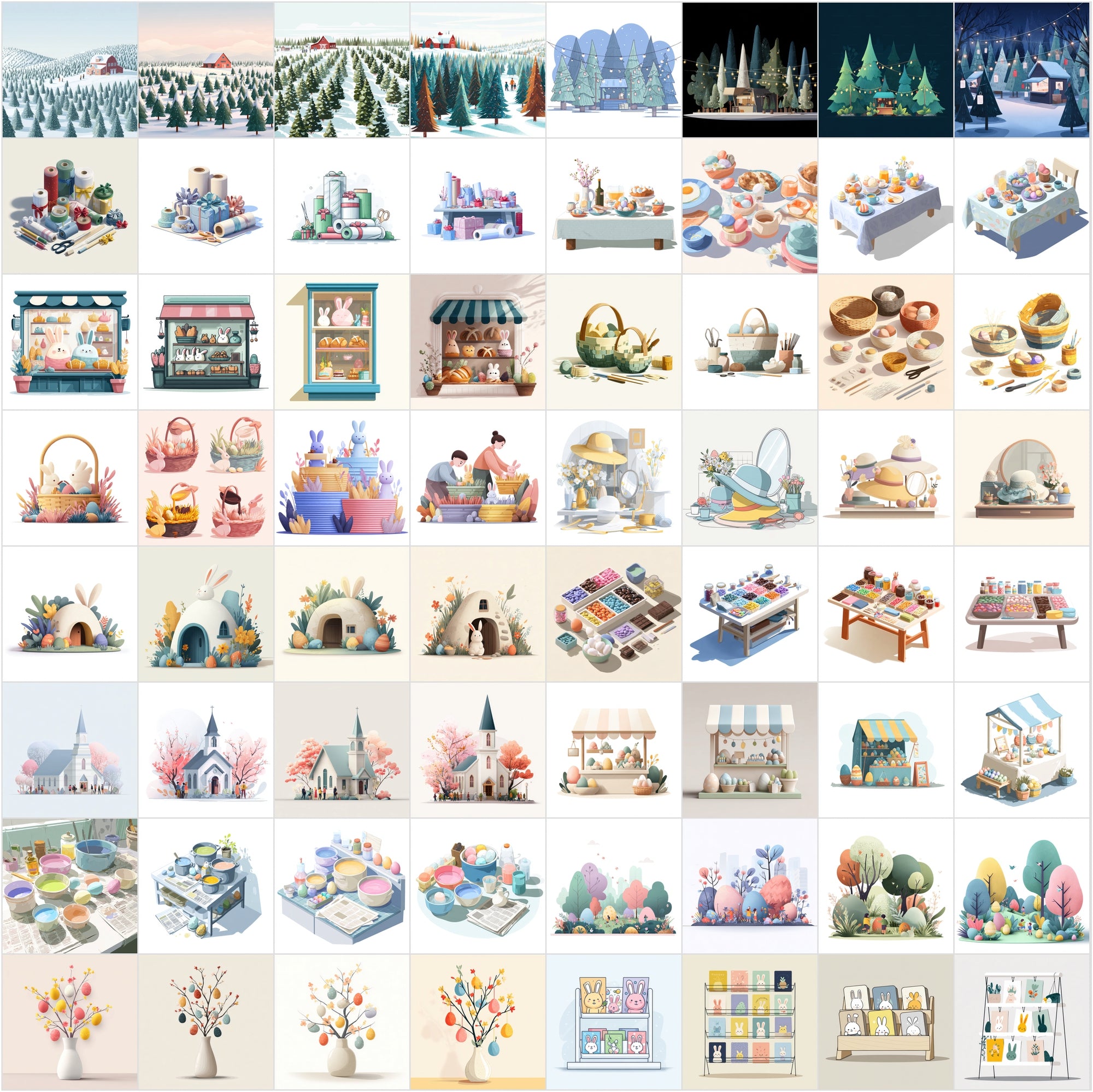 630 Minimalistic Cartoon Illustrations | Holiday & Seasonal Scenes