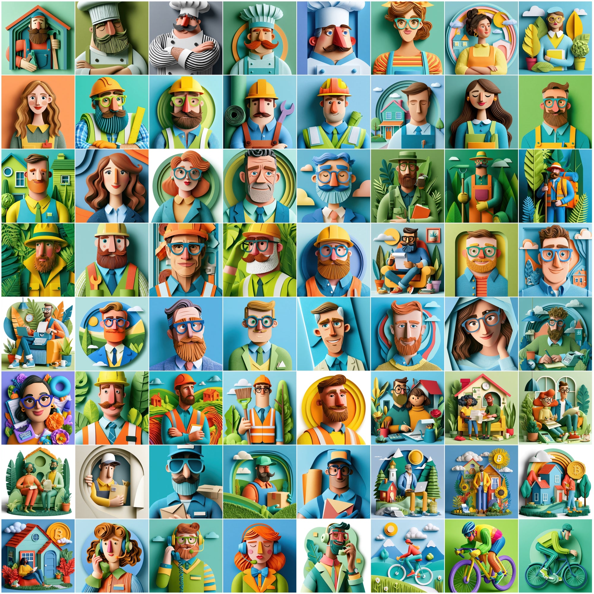 630 Layered Paper Cut Professional Character Illustrations