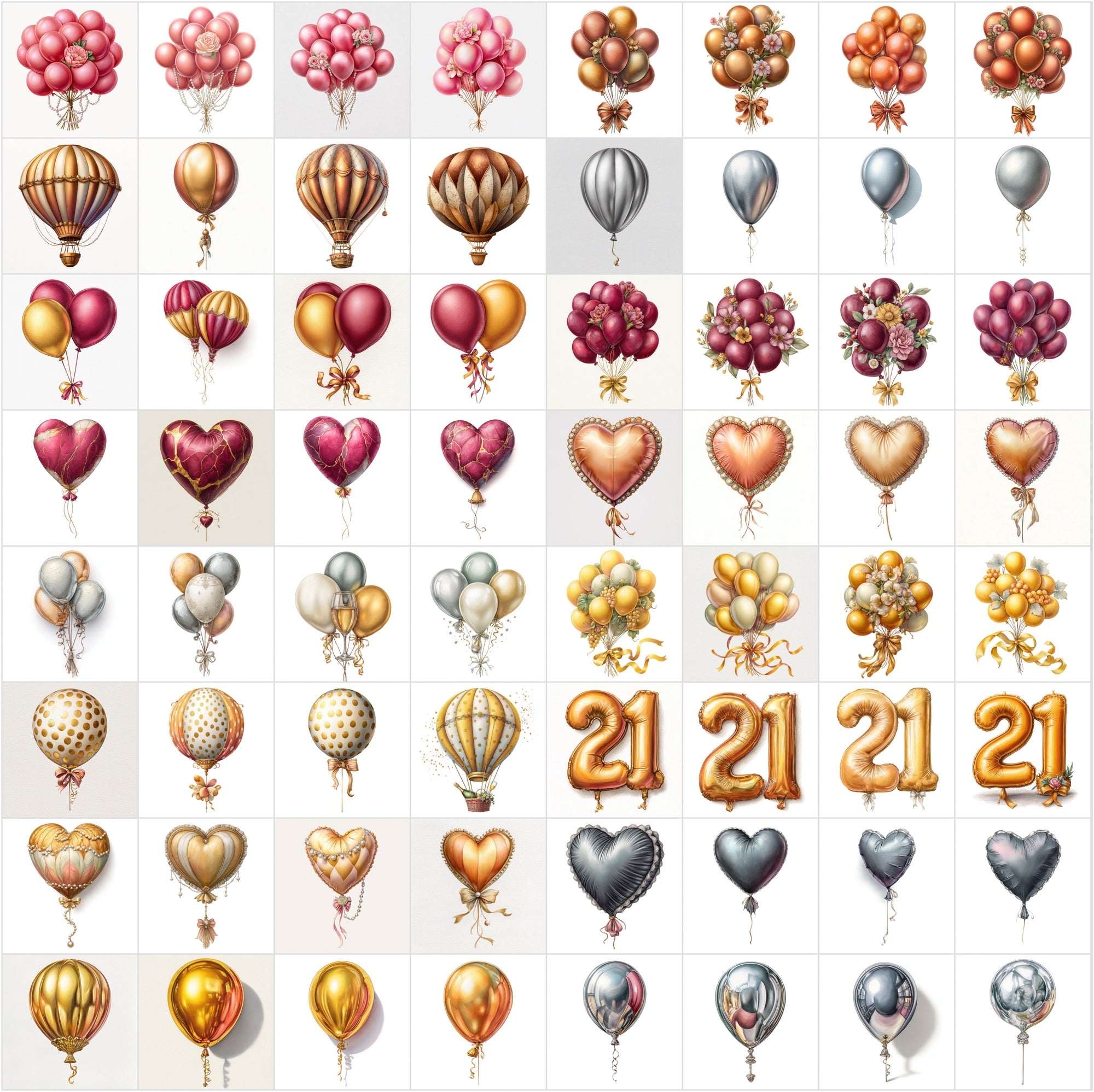 635 Watercolor Balloon Clipart Bundle • Metallic & Luxury Balloon Set