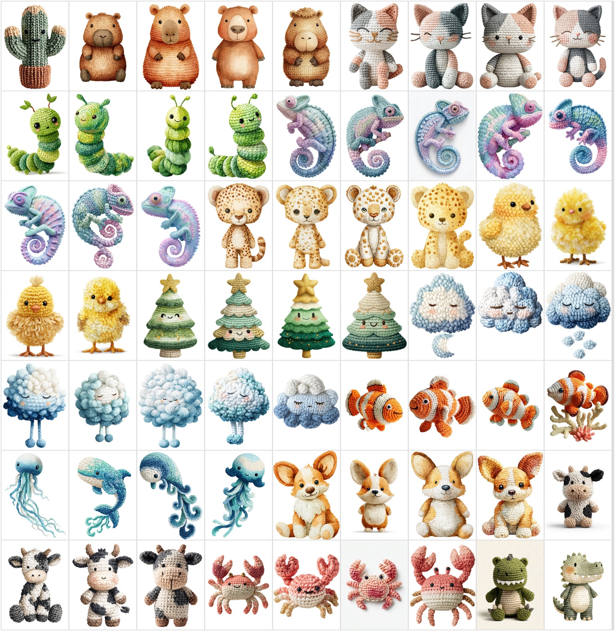 620 Crochet Animal Watercolor Clipart Bundle, Cute Nursery JPG Collection, Woodland Farm Ocean Fantasy Baby Shower Art