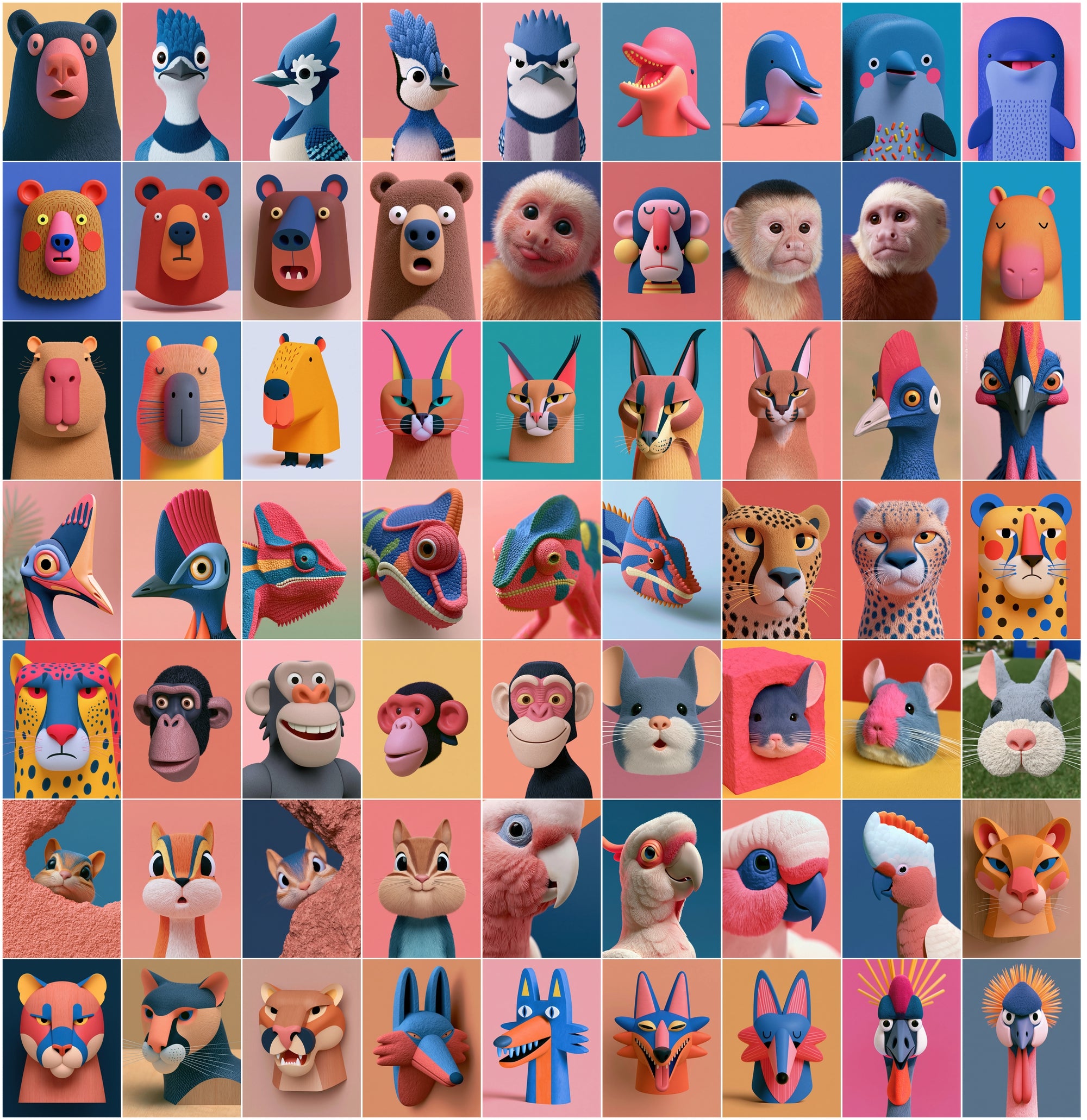 630 3D Animal Portrait Bundle | Stylized Clay & Paper-Craft Animal Head Art, Bold Color Backgrounds, Commercial Use