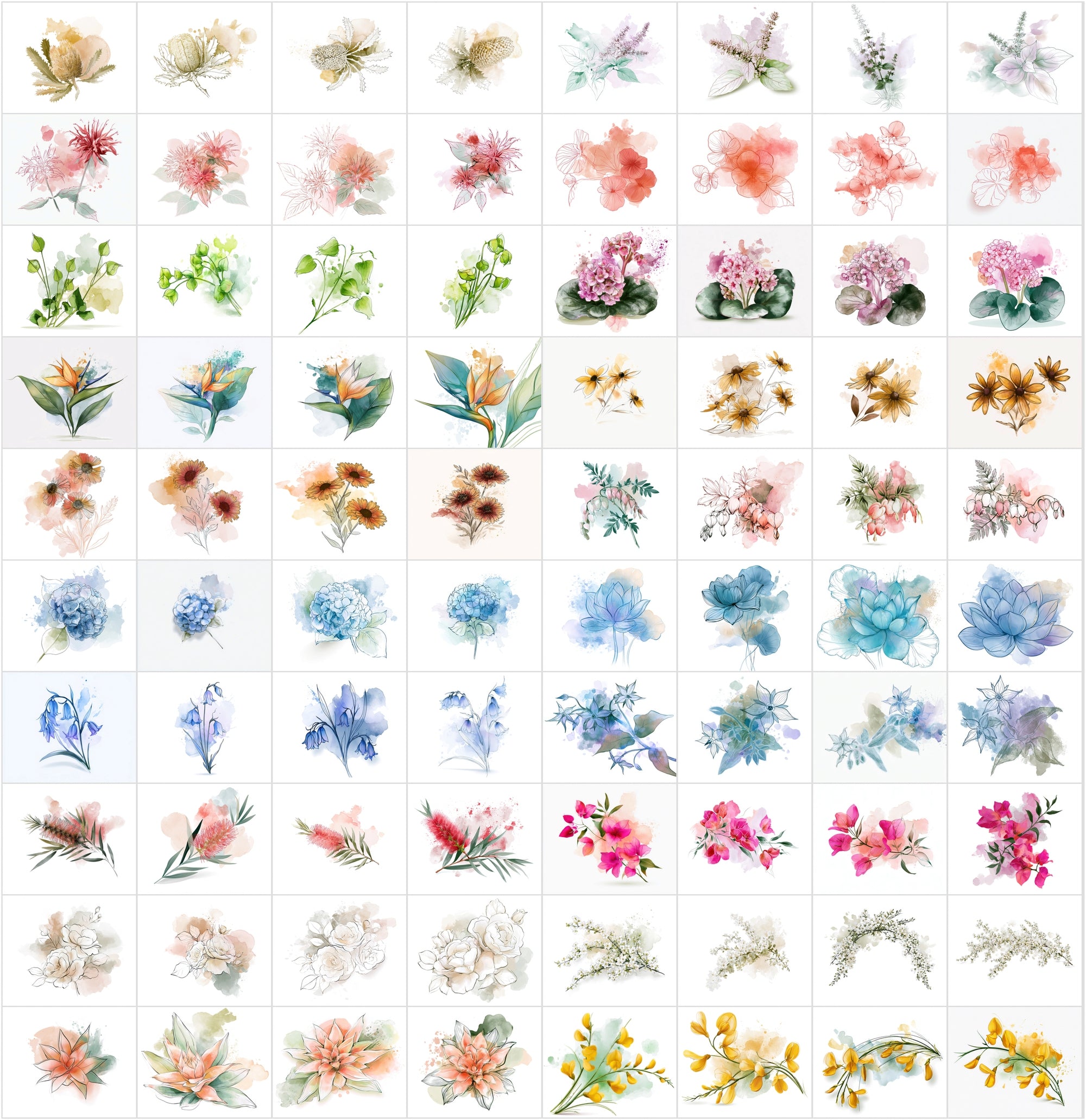 Watercolor Flower Clipart Bundle, 1140 Botanical JPG Images with Commercial License
