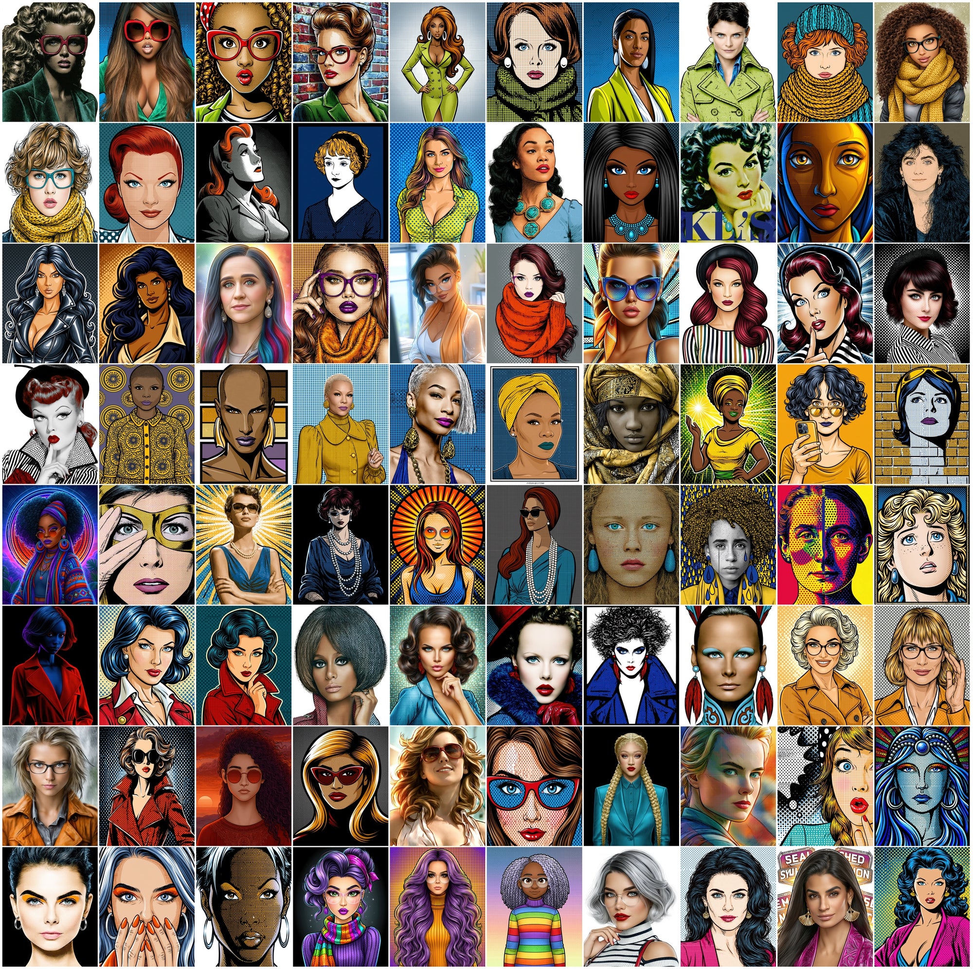 615 Pop Art Portrait Images, Commercial Use JPG Bundle, Retro Synthwave Comic Illustrations for Prints & Digital Design