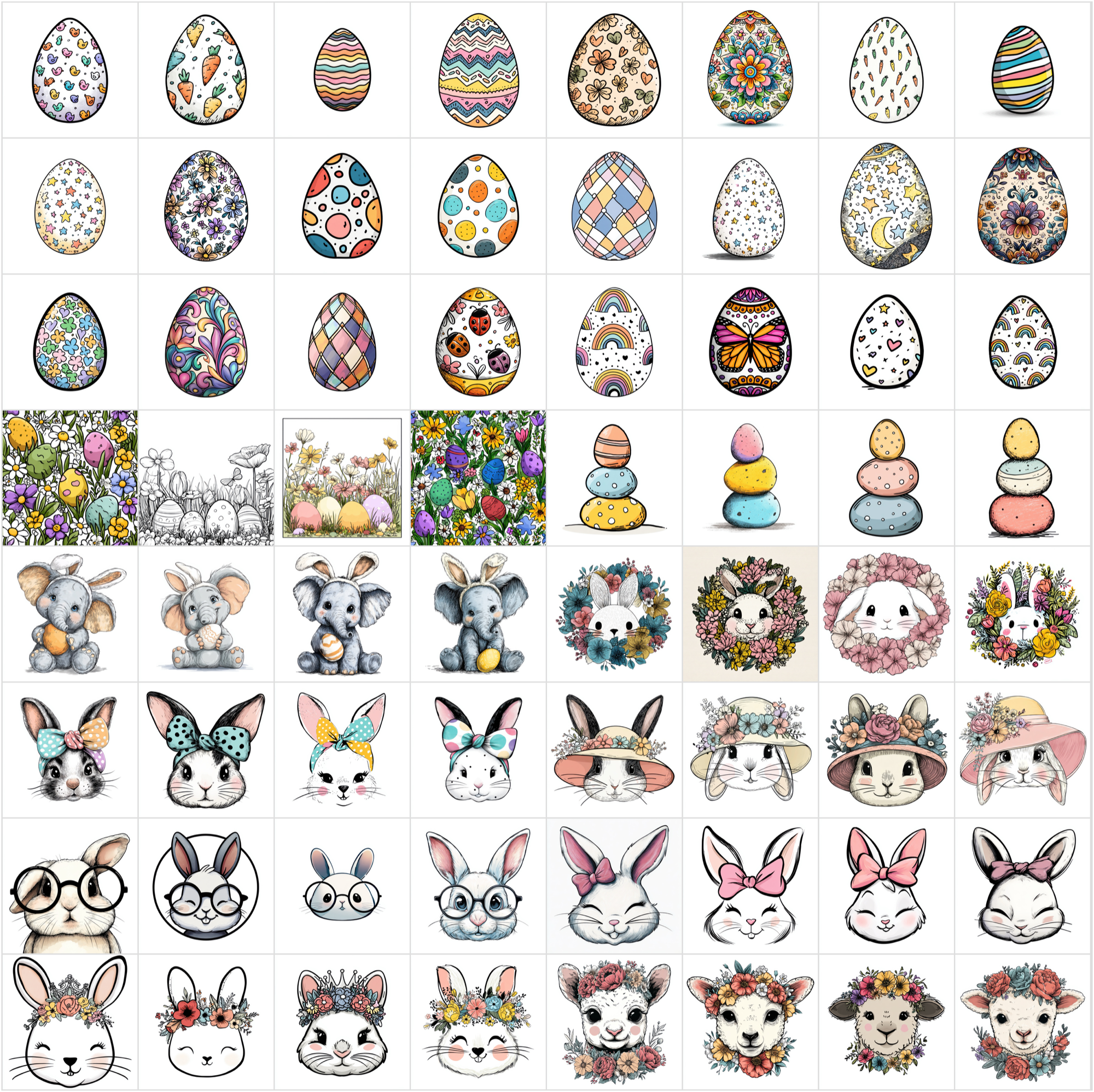 619 Easter Cartoon Illustrations - Cute Bunny, Chick & Spring Animal Clipart Bundle