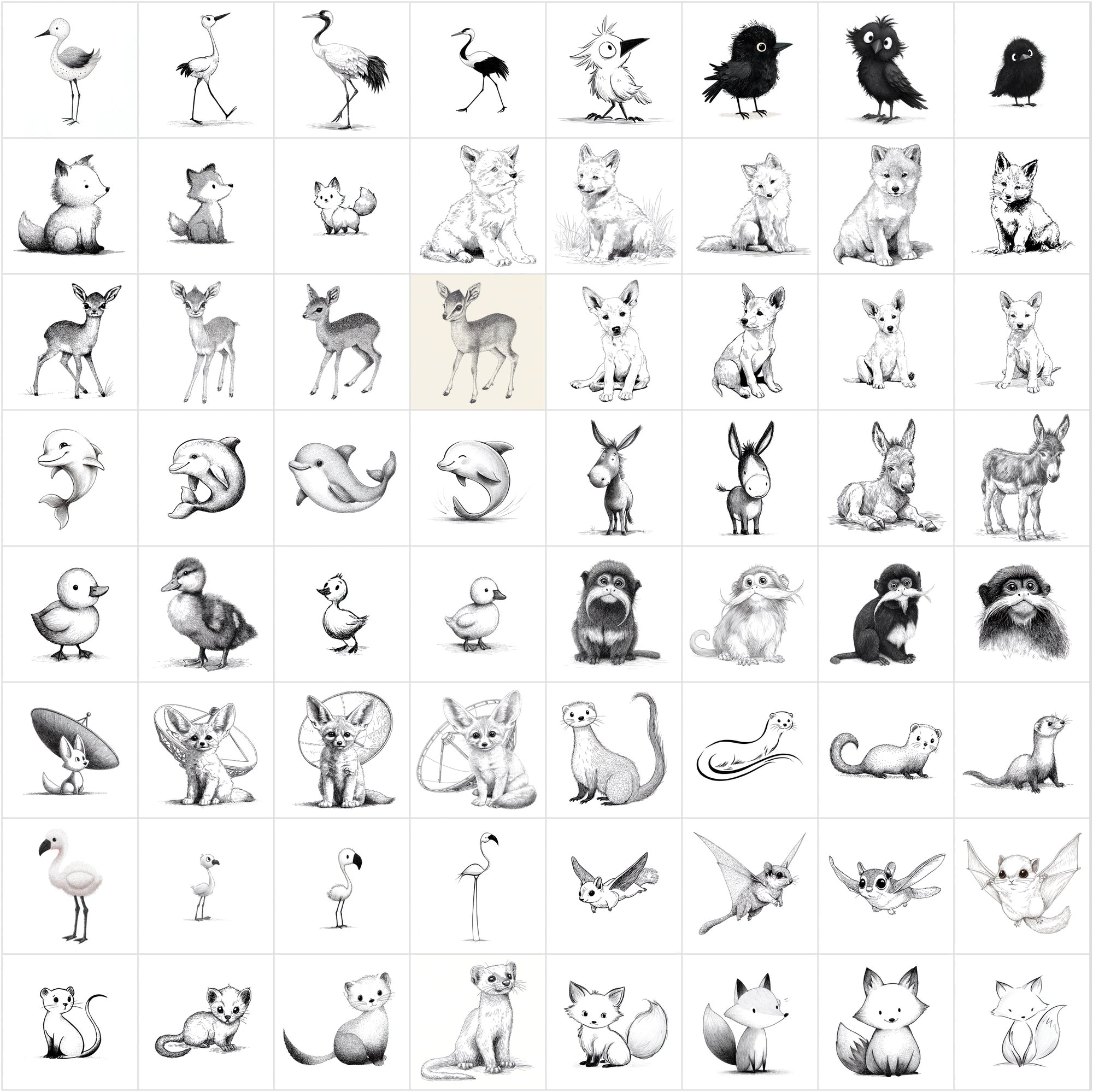 625 Children's Book Animal Illustrations — Black & White Line Art Bundle