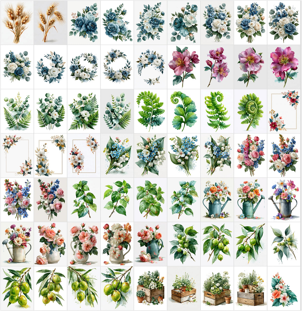 635 Watercolor Flowers Clipart Bundle – Wedding Florals, Bouquets, Wreaths & Greenery PNG-Ready JPG, Commercial Use