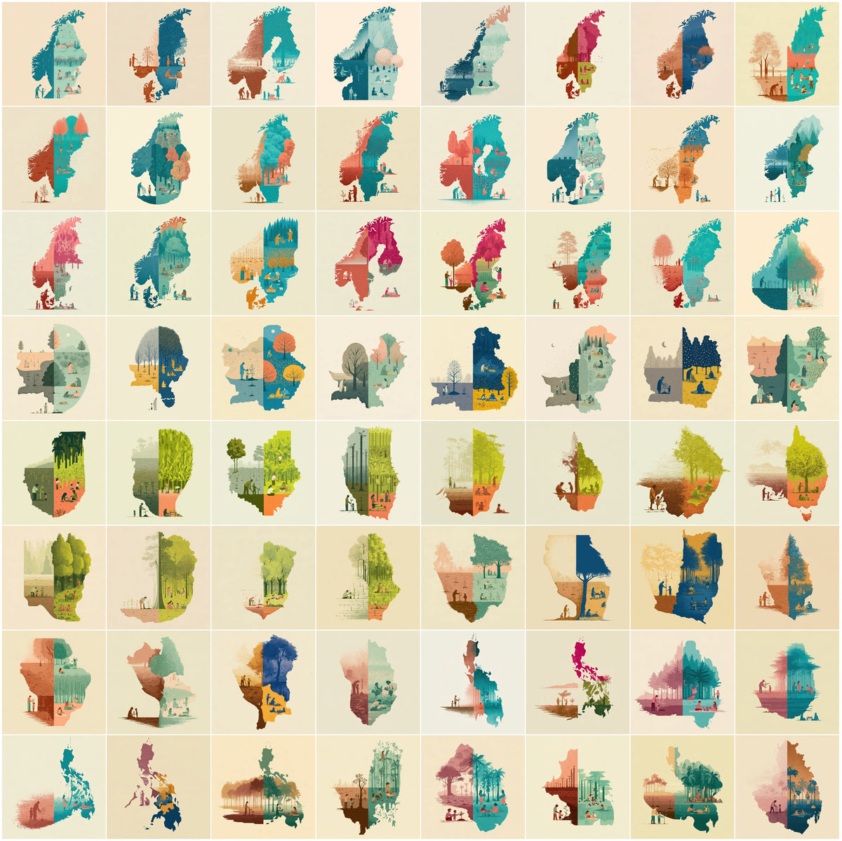 1270 Country Map Silhouette Posters - World Map Wall Art Bundle, Heritage & Harvest Split Designs
