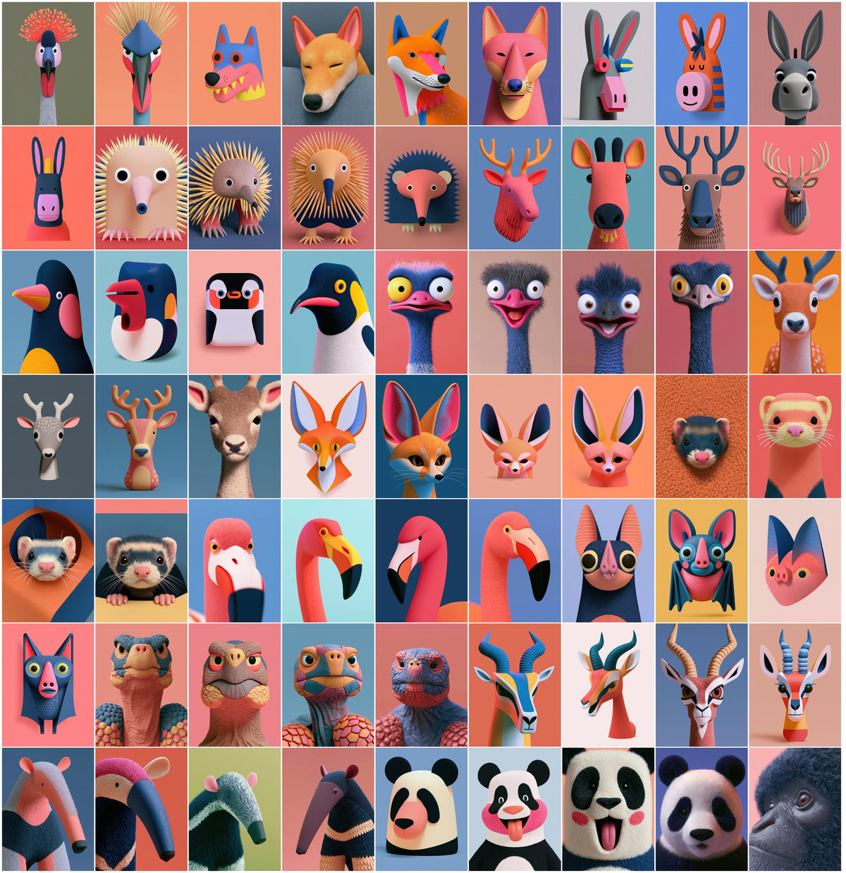 630 3D Animal Portrait Bundle | Stylized Clay & Paper-Craft Animal Head Art, Bold Color Backgrounds, Commercial Use