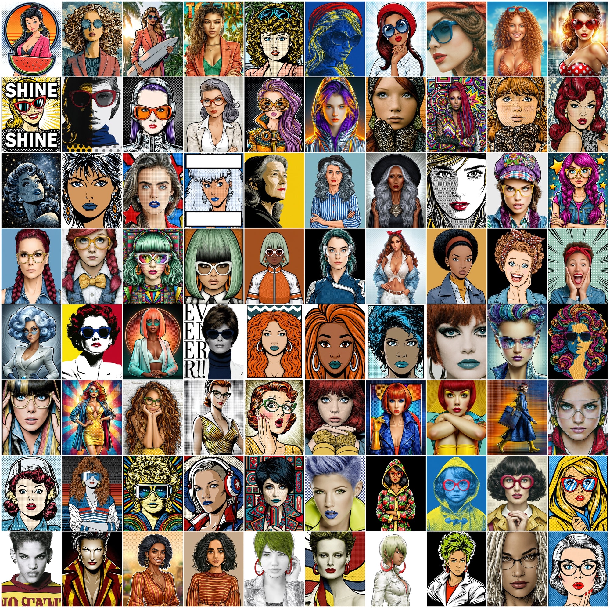615 Pop Art Portrait Images, Commercial Use JPG Bundle, Retro Synthwave Comic Illustrations for Prints & Digital Design