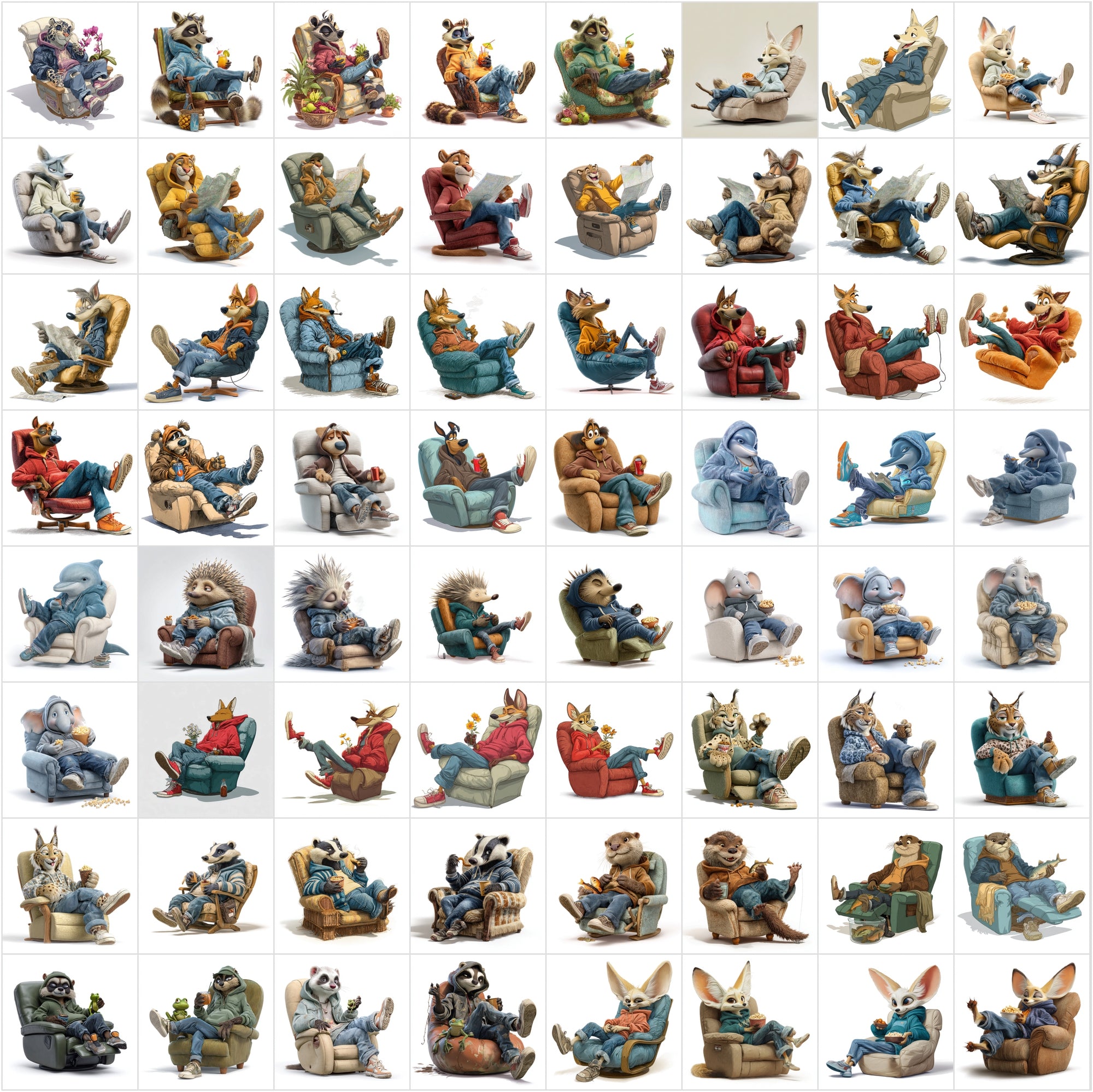 610 Cute Animals Relaxing on Recliners Clipart Bundle