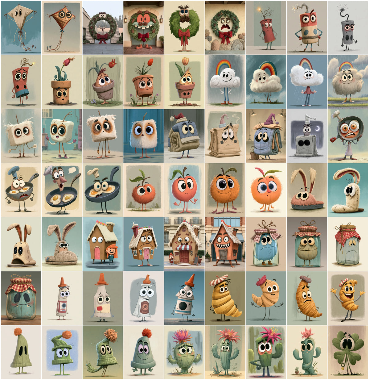 640 Cute Mascot Character Images – Whimsical Object Mascots with Big Eyes, High-Res JPG, Commercial License