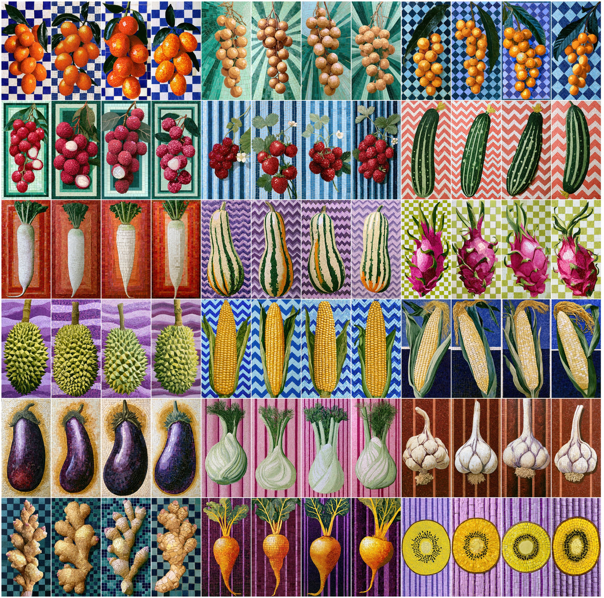 636 Mosaic Fruit & Vegetable Clipart Bundle | Mosaic Art Wall Prints, Kitchen Decor JPG