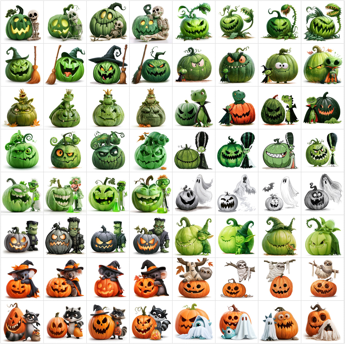 632 Halloween Cartoon Pumpkin Clipart Bundle – Spooky Jack-o’-Lantern Characters on White Background,
