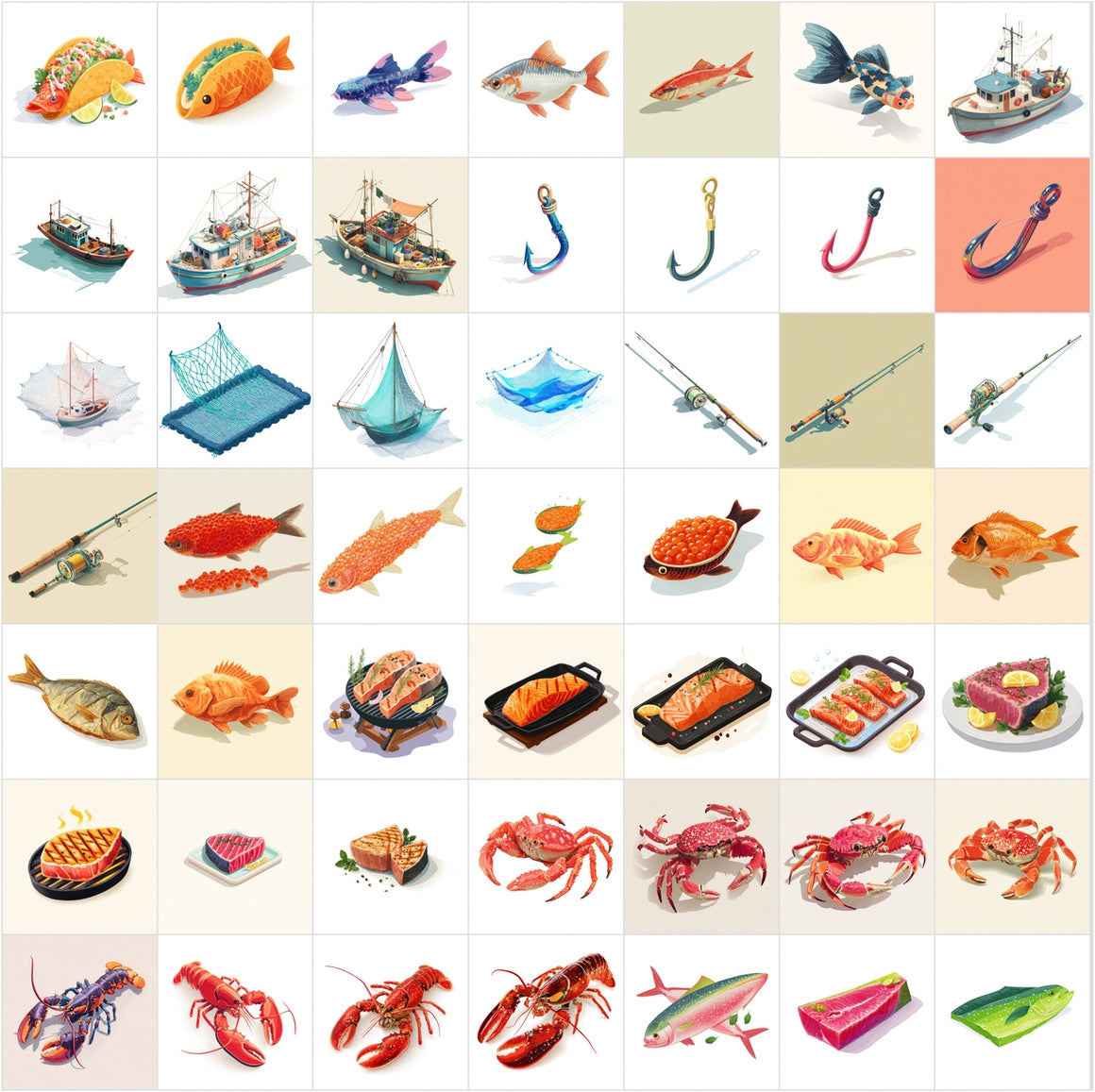 400 Flat Isometric Seafood & Sushi Illustrations