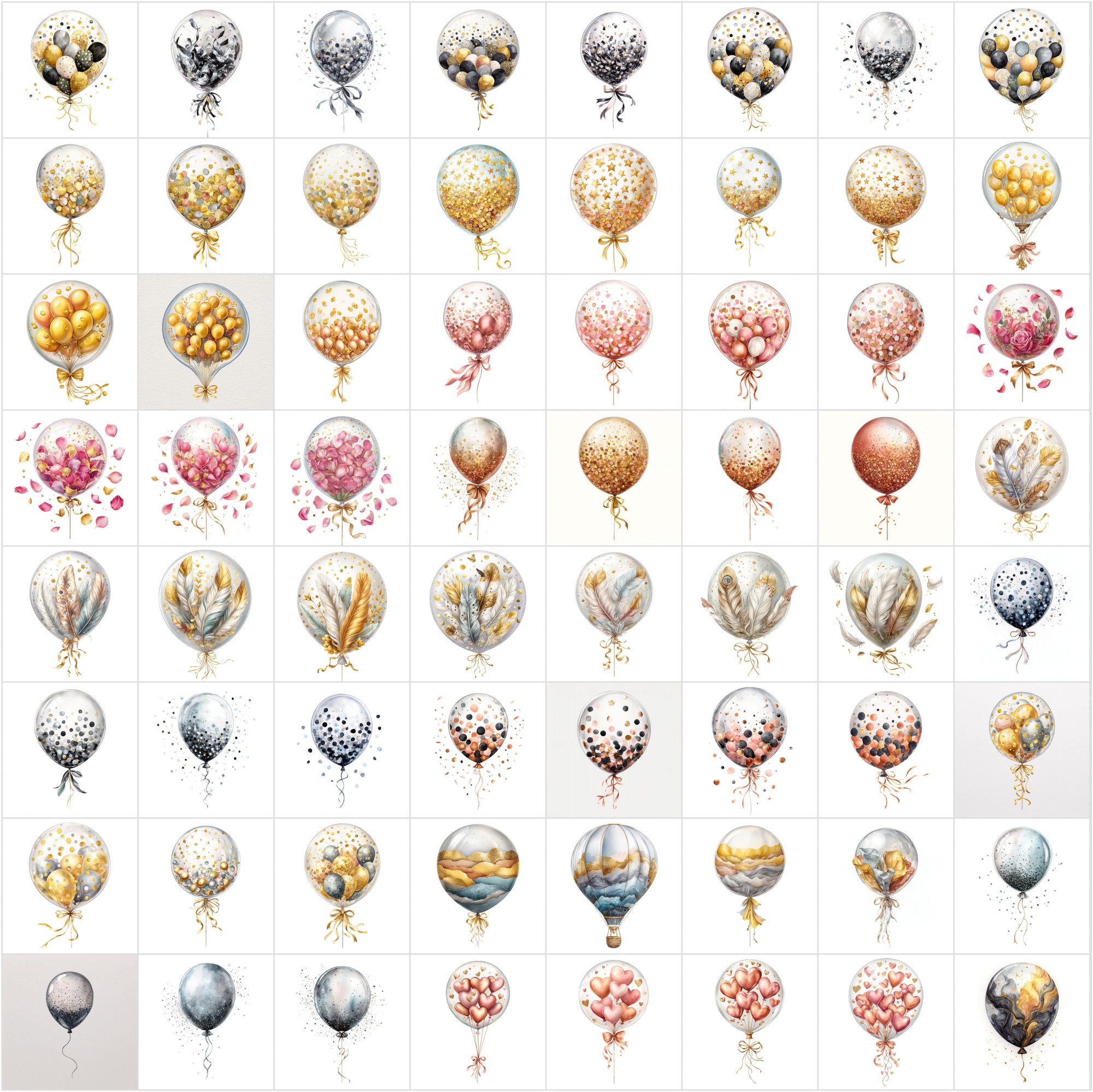 635 Watercolor Balloon Clipart Bundle • Metallic & Luxury Balloon Set