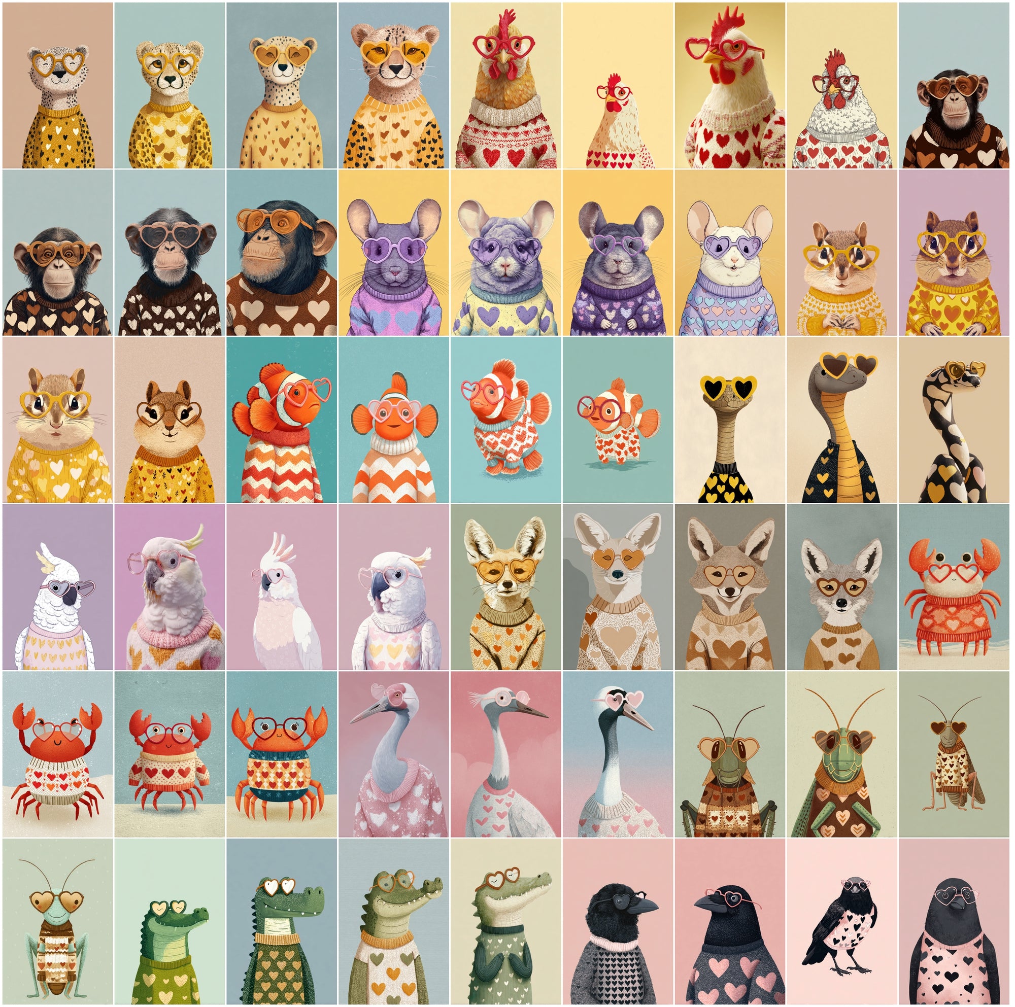 620 Cute Animals Clipart Bundle JPG | Heart Sweater Animals + Heart Glasses