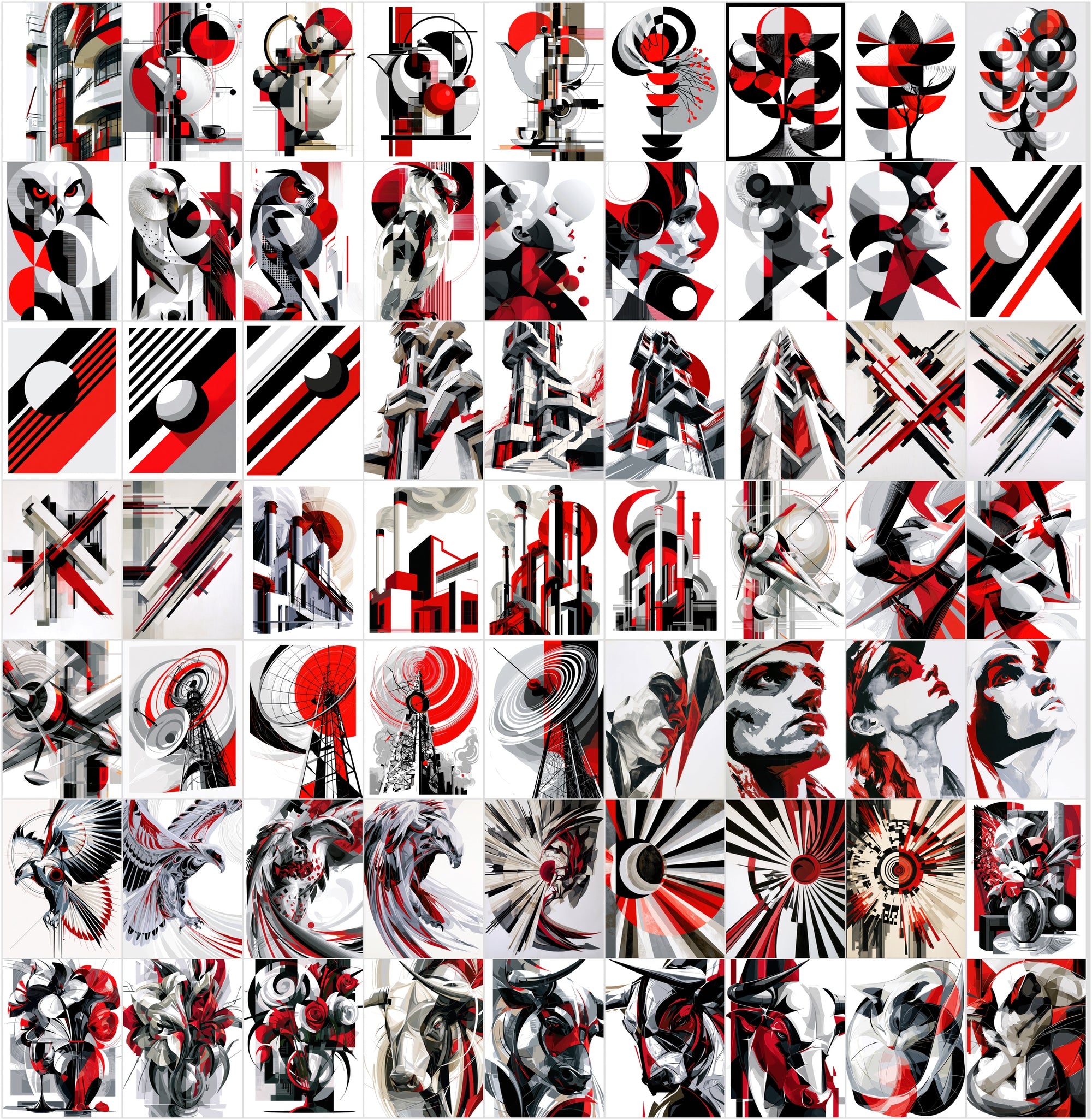 625 Abstract Art Prints Bundle | Red Black White Geometric Posters | Bauhaus Cubist Wall Art