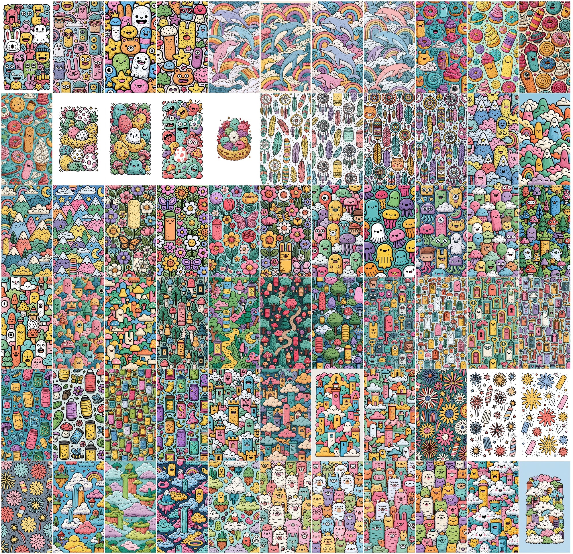 640 Doodle Art Clipart Bundle | Colorful Rainbow Dreamland Doodles, Kawaii Cloud & Candy Illustrations