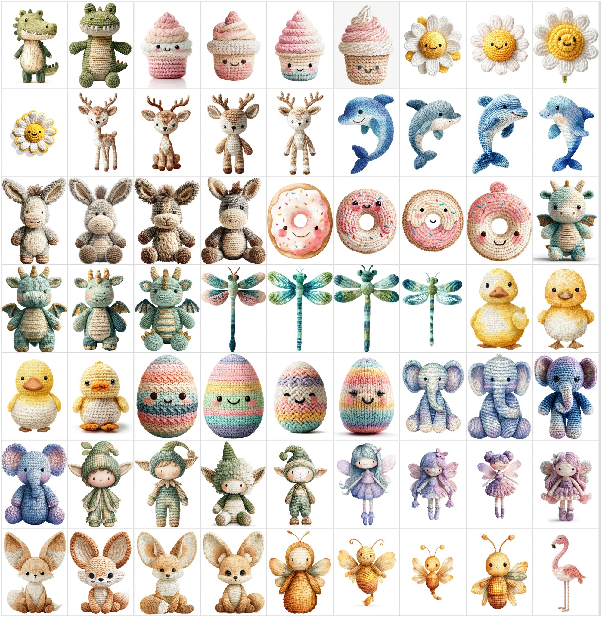 620 Crochet Animal Watercolor Clipart Bundle, Cute Nursery JPG Collection, Woodland Farm Ocean Fantasy Baby Shower Art