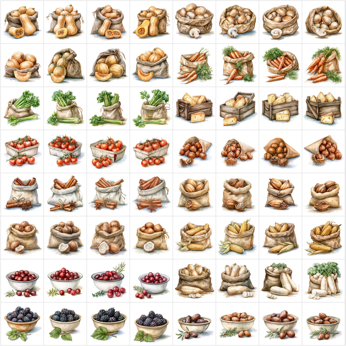 630 Fruit & Vegetable Illustrations – Farmhouse Kitchen Clipart Bundle, Harvest Food Art