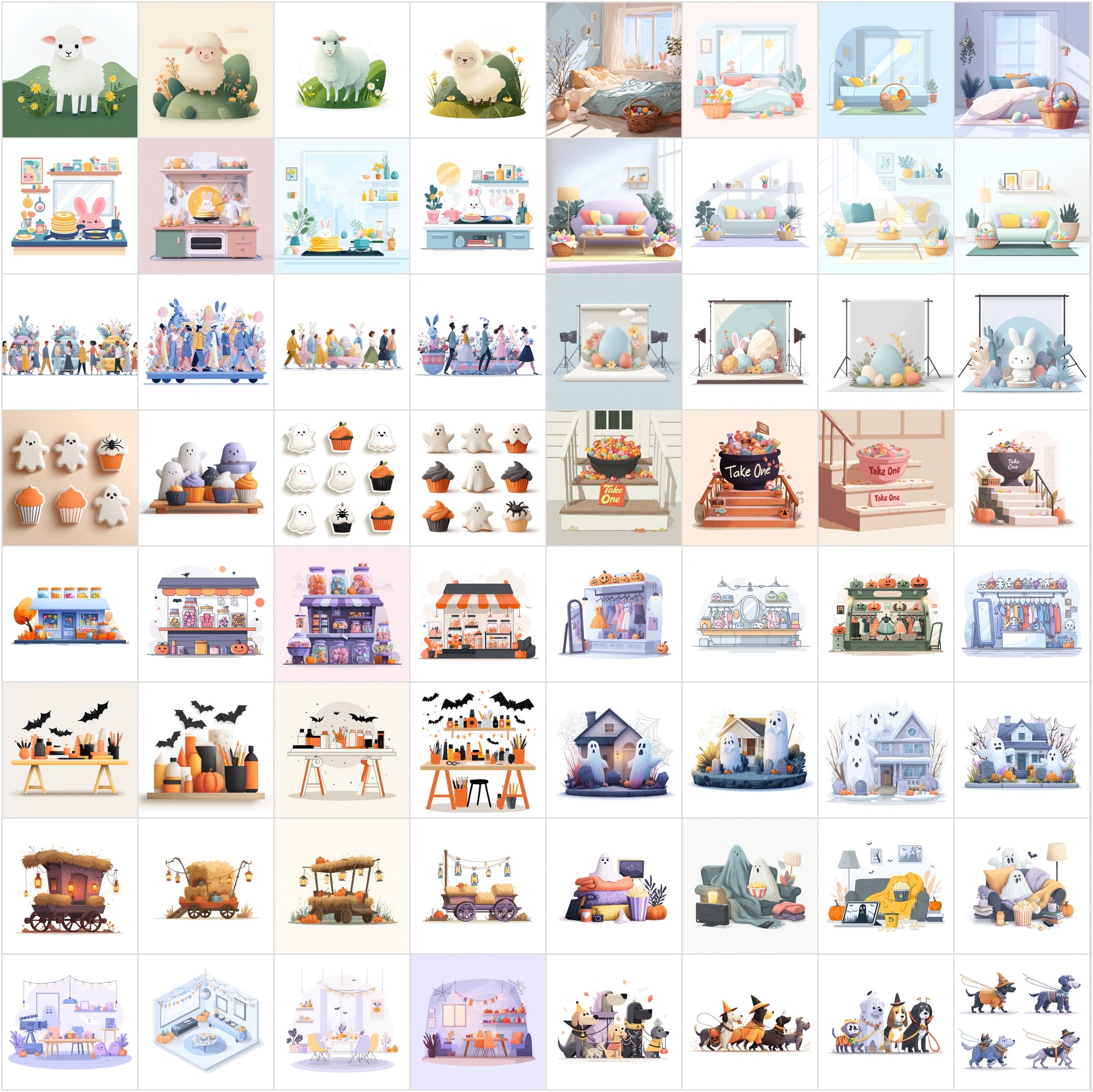 630 Minimalistic Cartoon Illustrations | Holiday & Seasonal Scenes