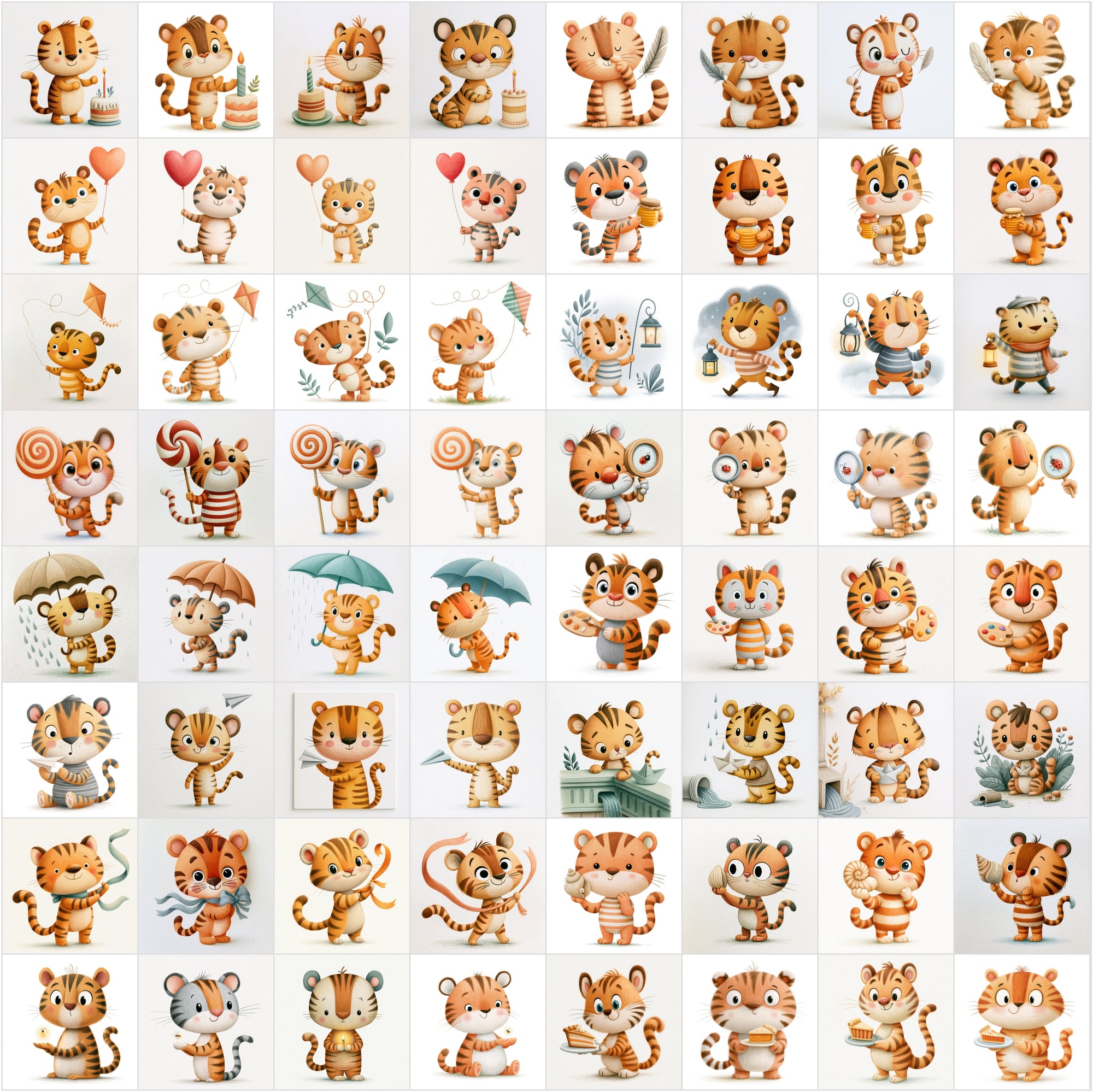 630 Cute Tiger Clipart Bundle | Whimsical Children's Book Illustrations