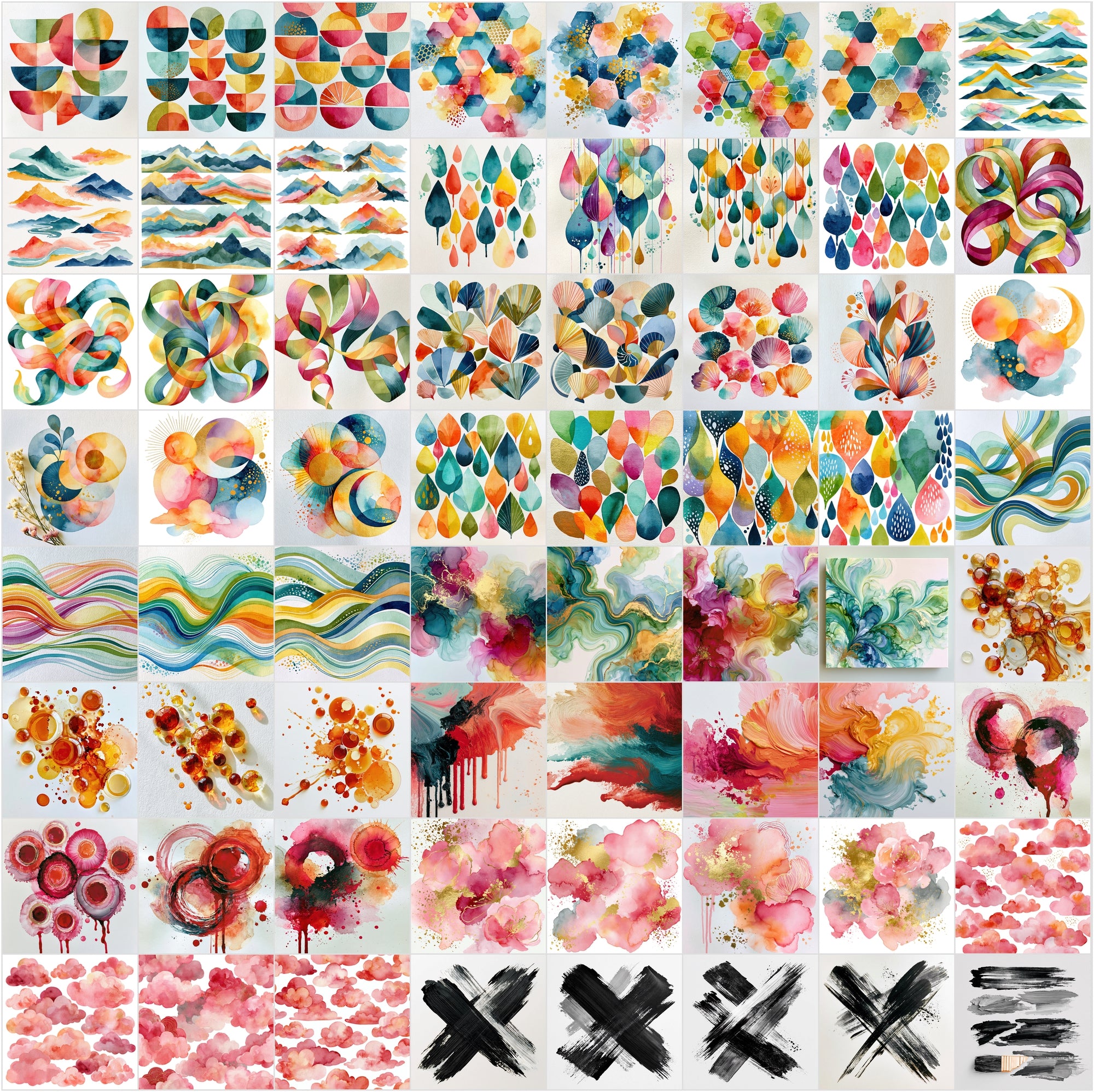 620 Watercolor Graphic Elements Clipart Bundle | Abstract Ink Brushstrokes, Splatters & Washes