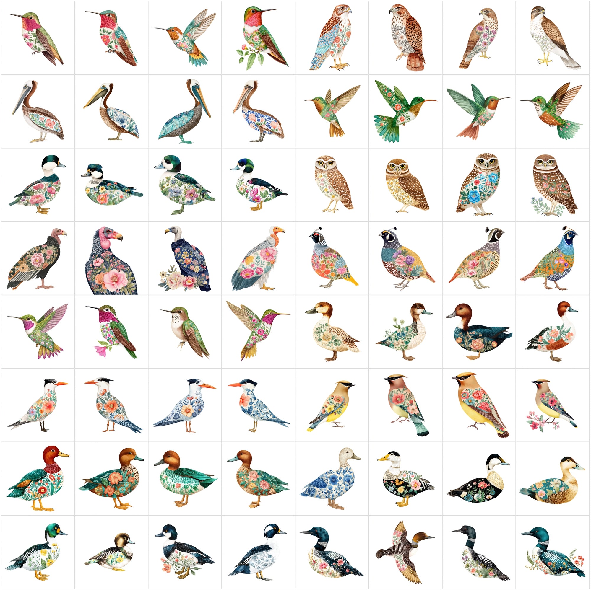 640 Watercolor Birds with Floral Patterns