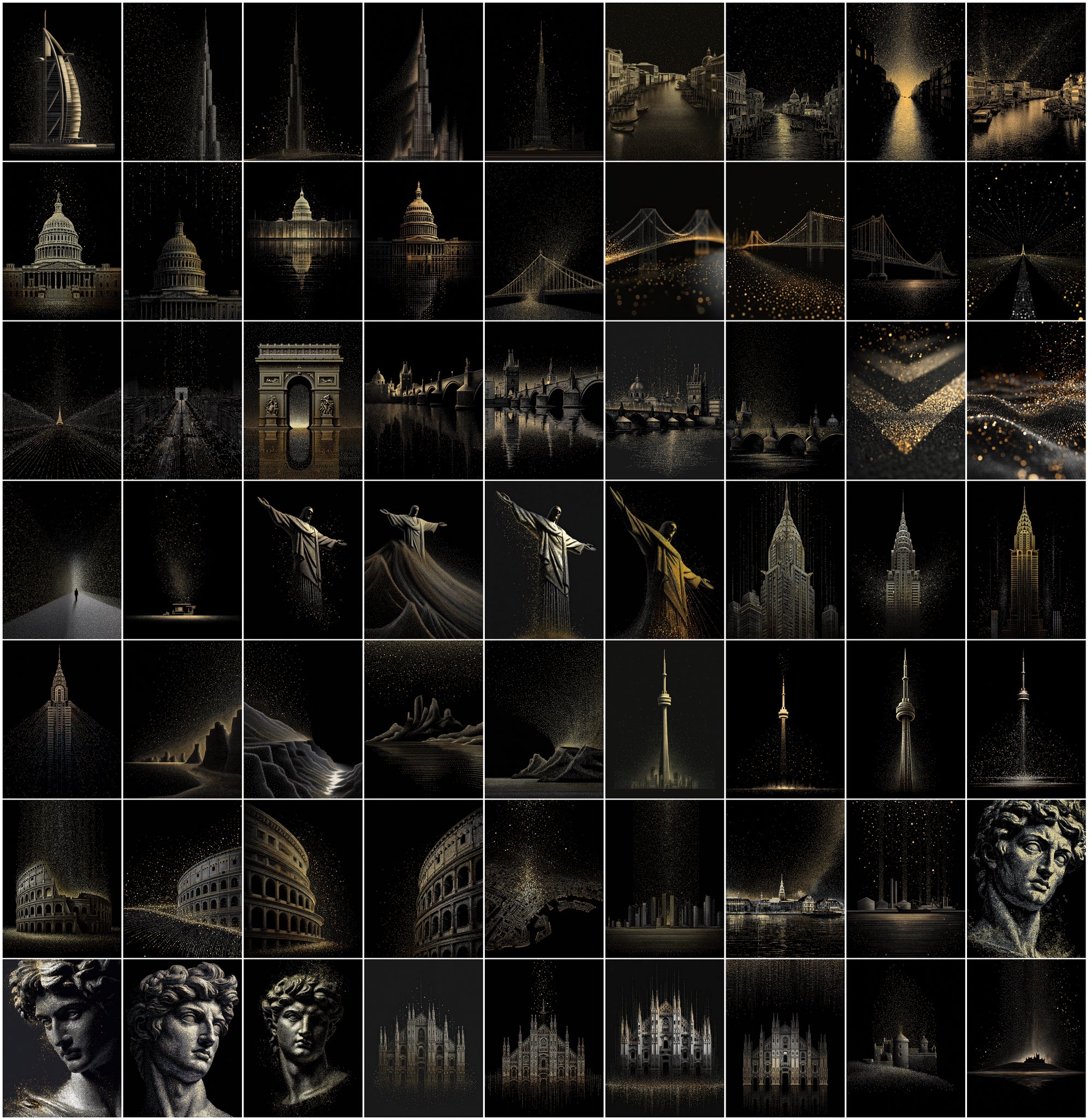 630 Minimalist Landmark Dots Bundle | Gold & Silver Glitter on Black