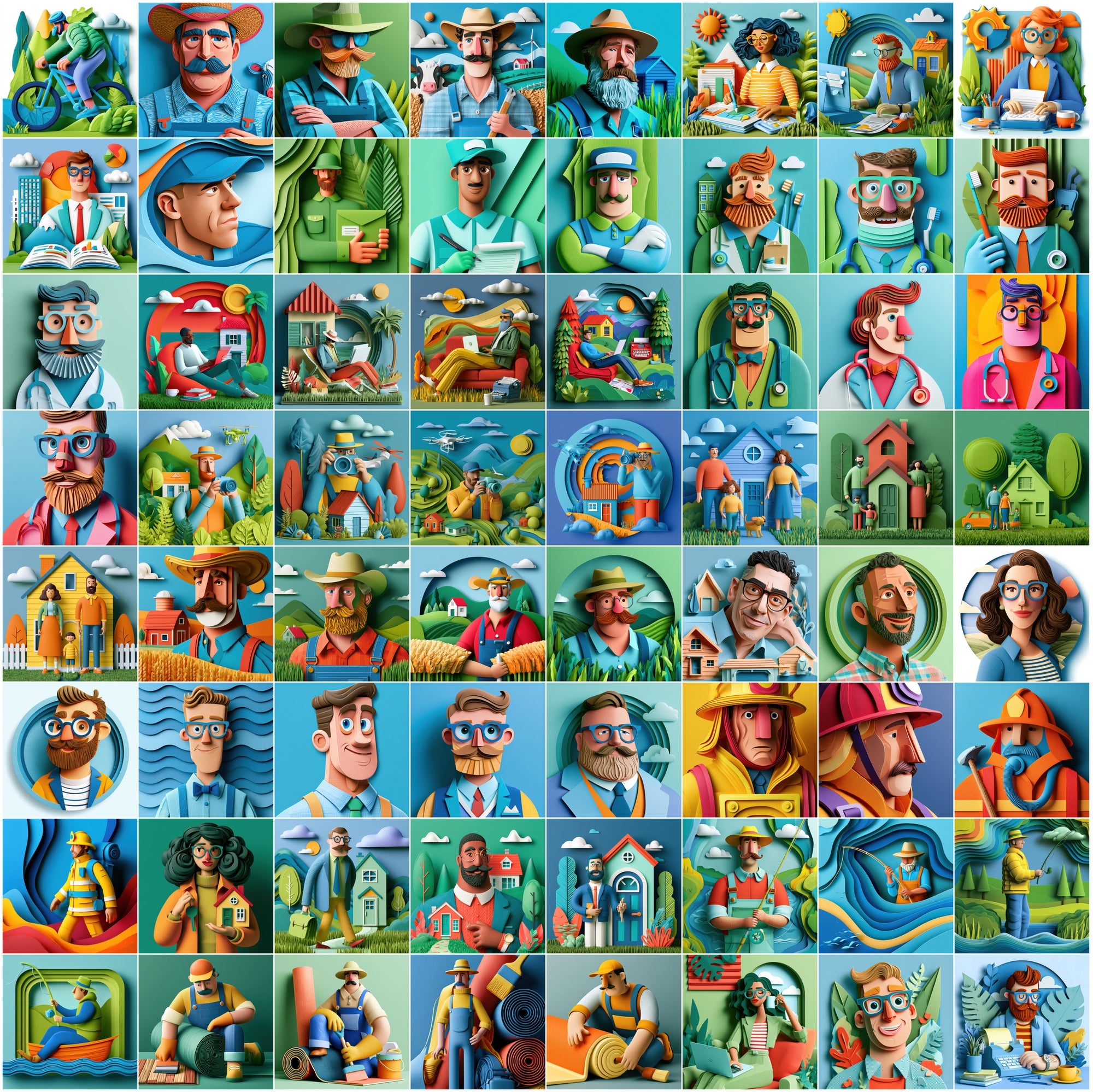630 Layered Paper Cut Professional Character Illustrations
