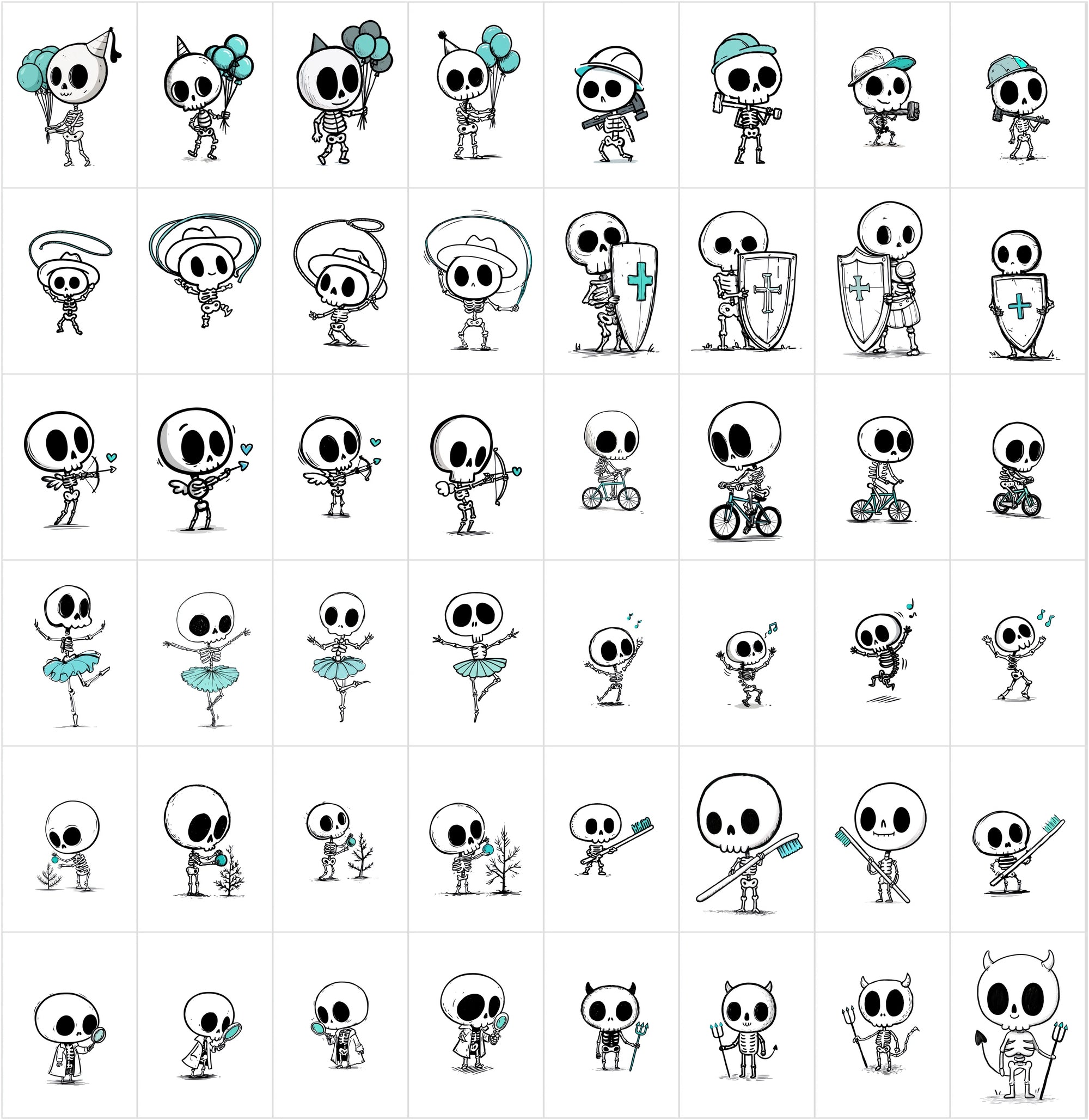 600 Cute Skeleton Doodle Clipart Bundle | Hand Drawn Stickman Skull Illustrations