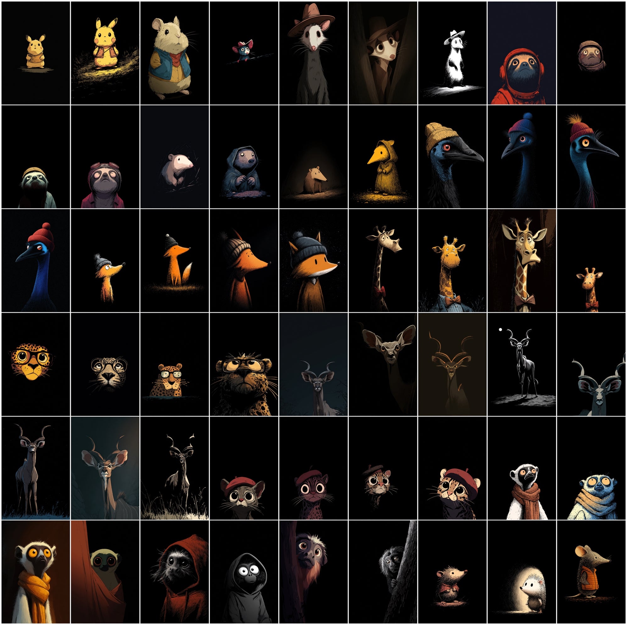 630 Animals Almost Visible in the Darkness | Cute Cartoon Animal Clipart Bundle | Dark Moody Illustrations