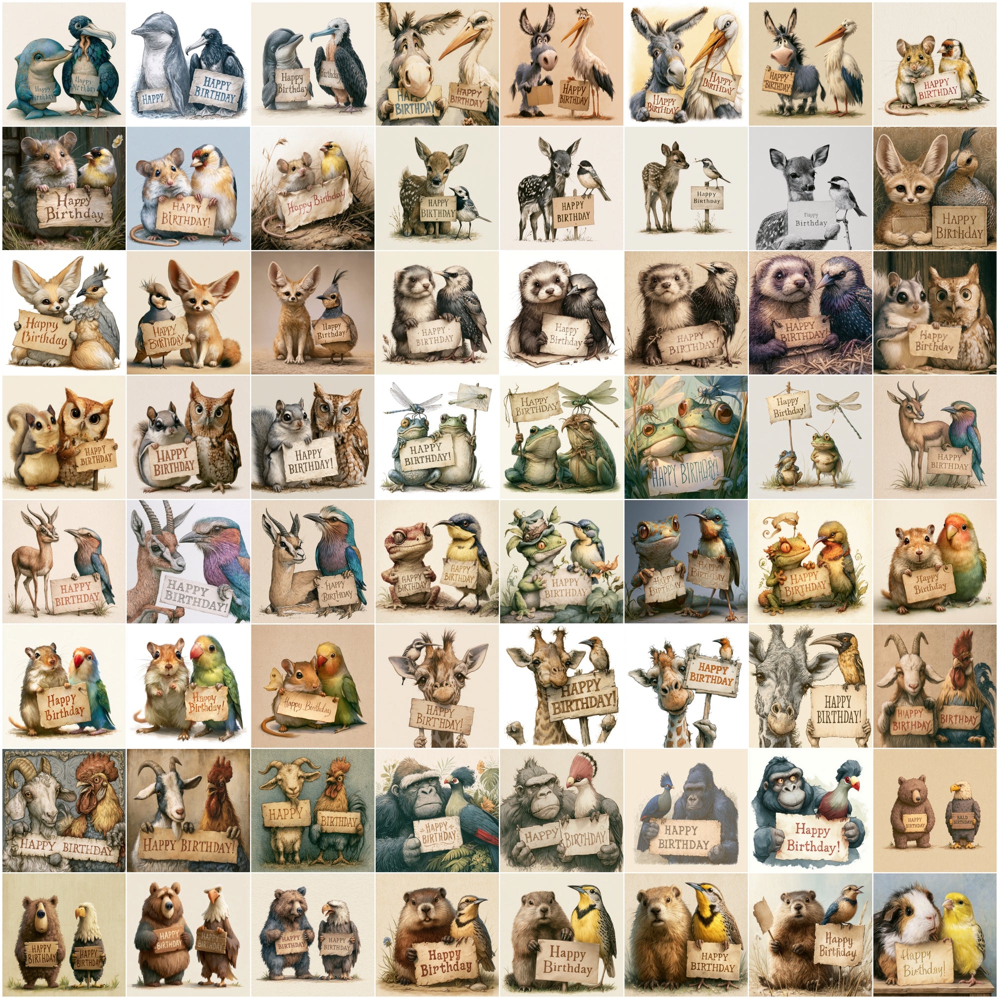 625 Birthday Animals Clipart Bundle | Fairy Tale Animal Birthday Card PNG JPG Set