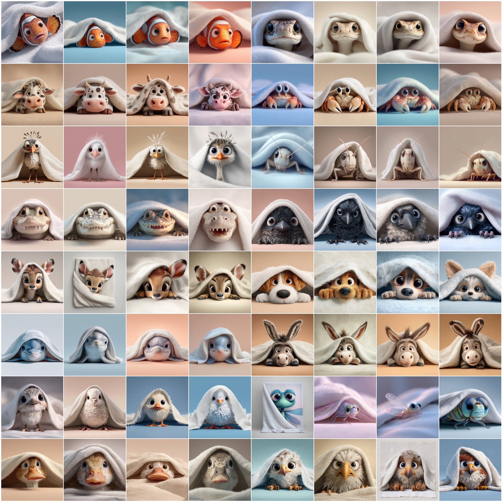 639 Cute Animals Hiding Under Blankets | Adorable 3D Pet Clipart Bundle